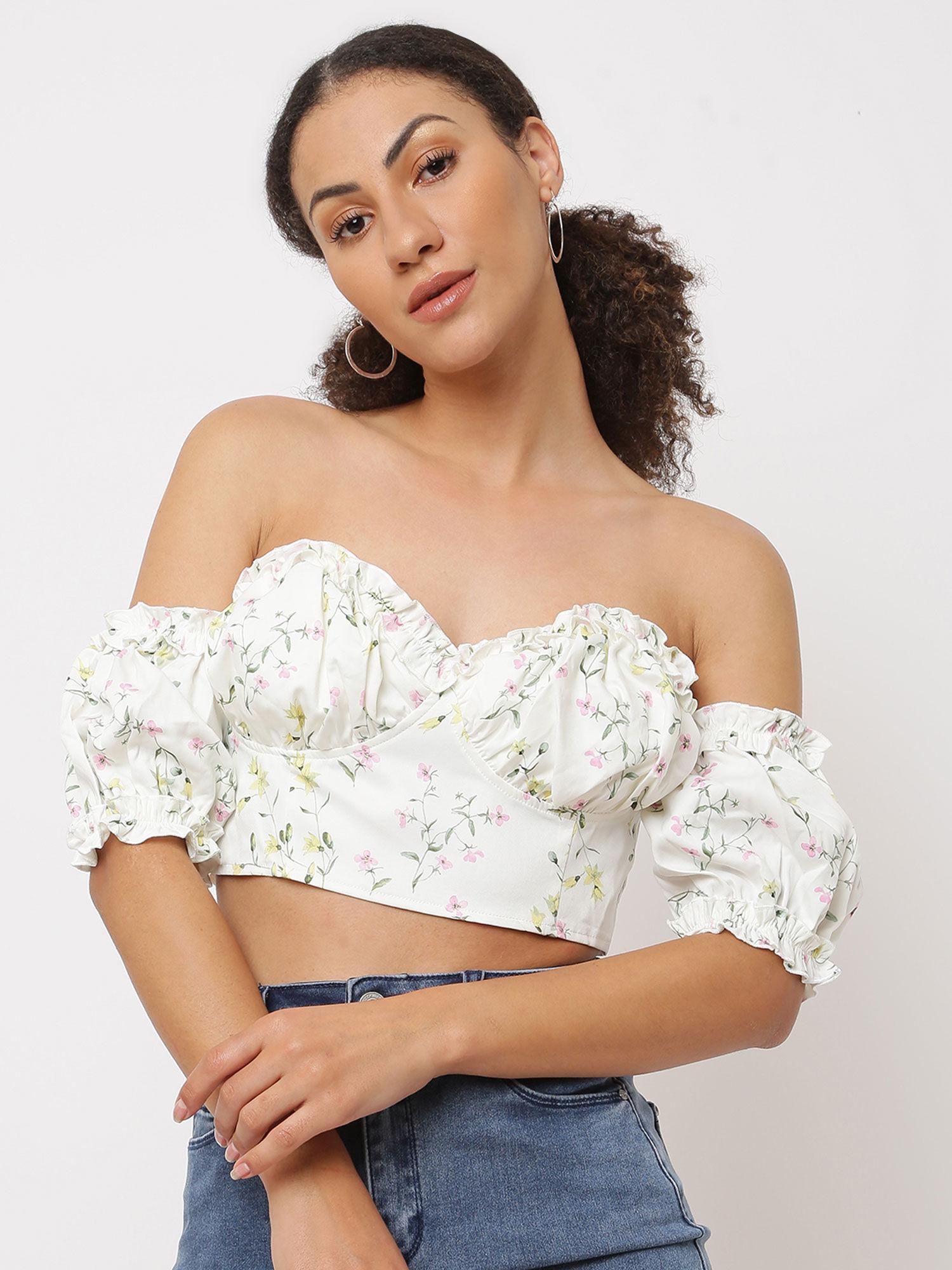 white co ord floral print bardot milkmaid top