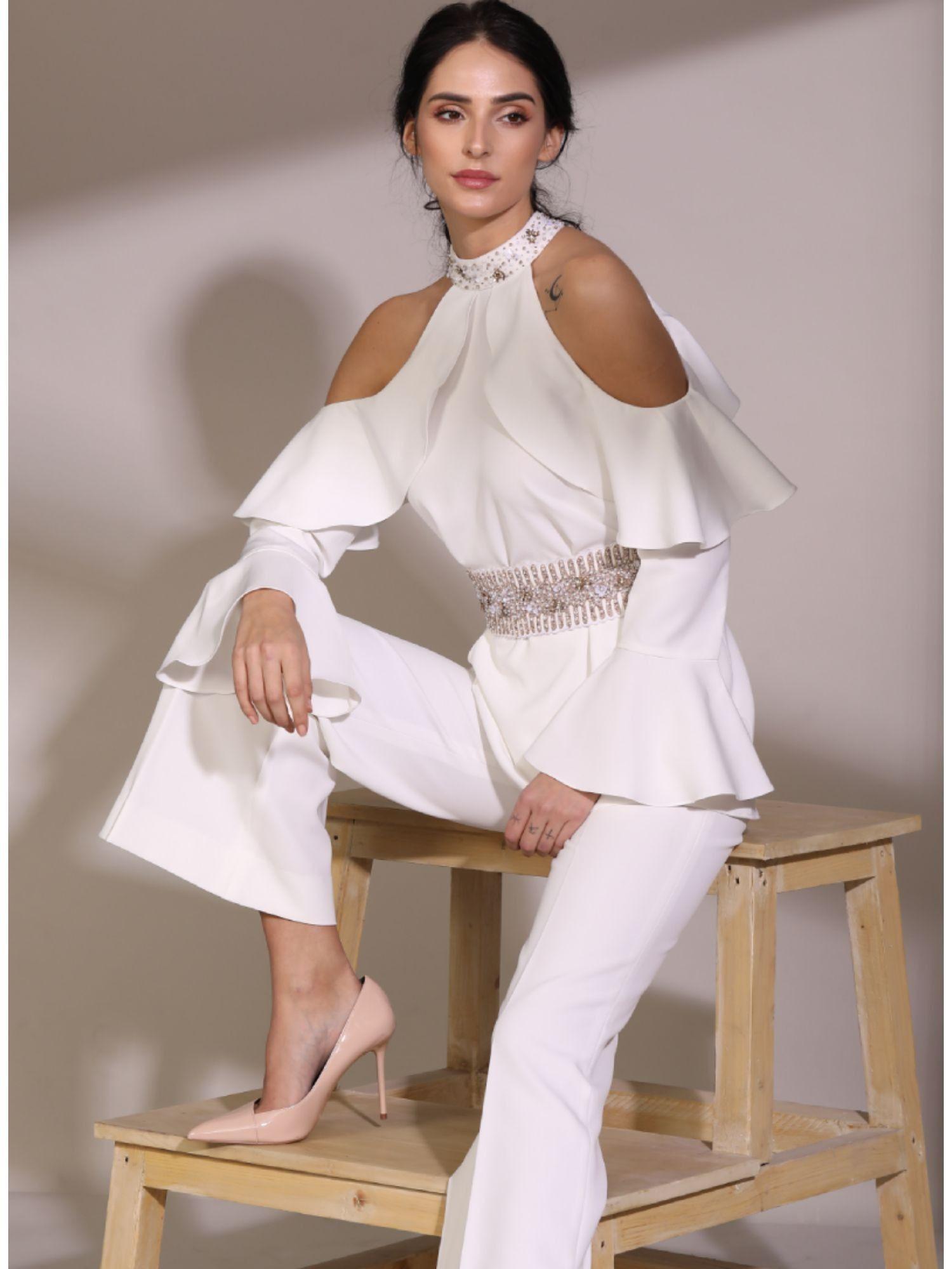 white cold shoulder with embroidered belt and flared pants (set of 3)