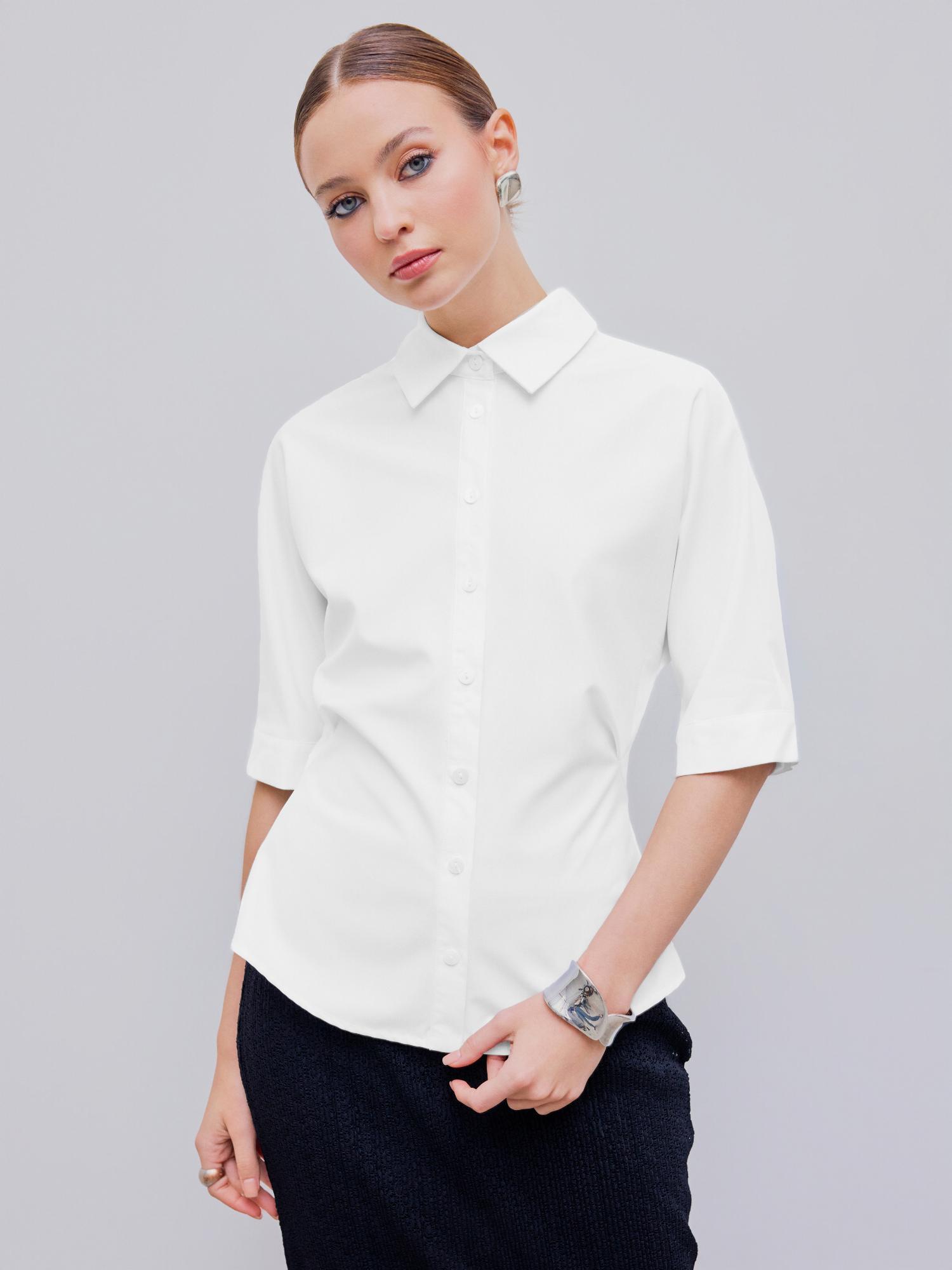 white collar button short sleeve shirt