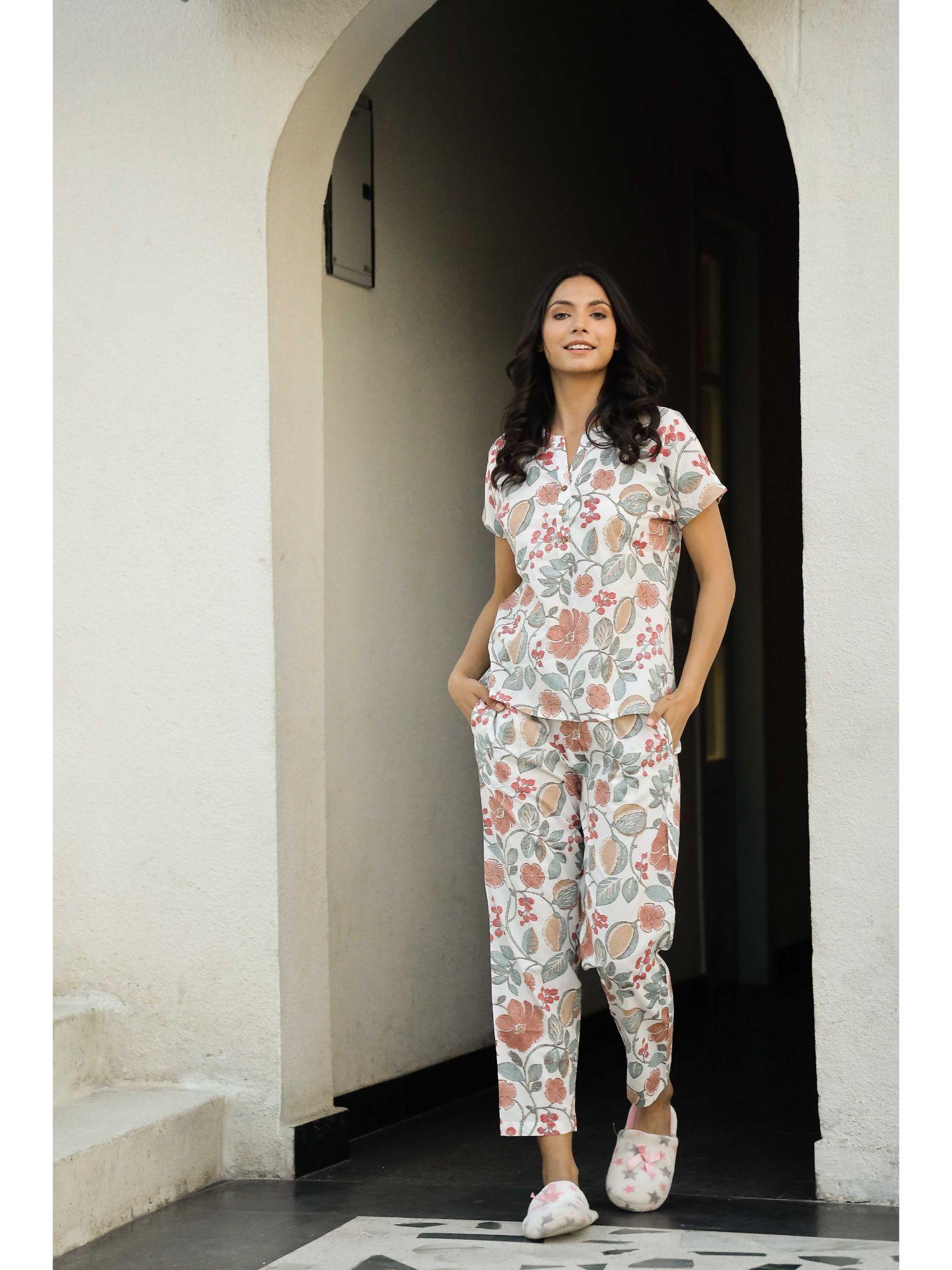 white color printed women pure cotton top & pyjama night suit (set of 2)