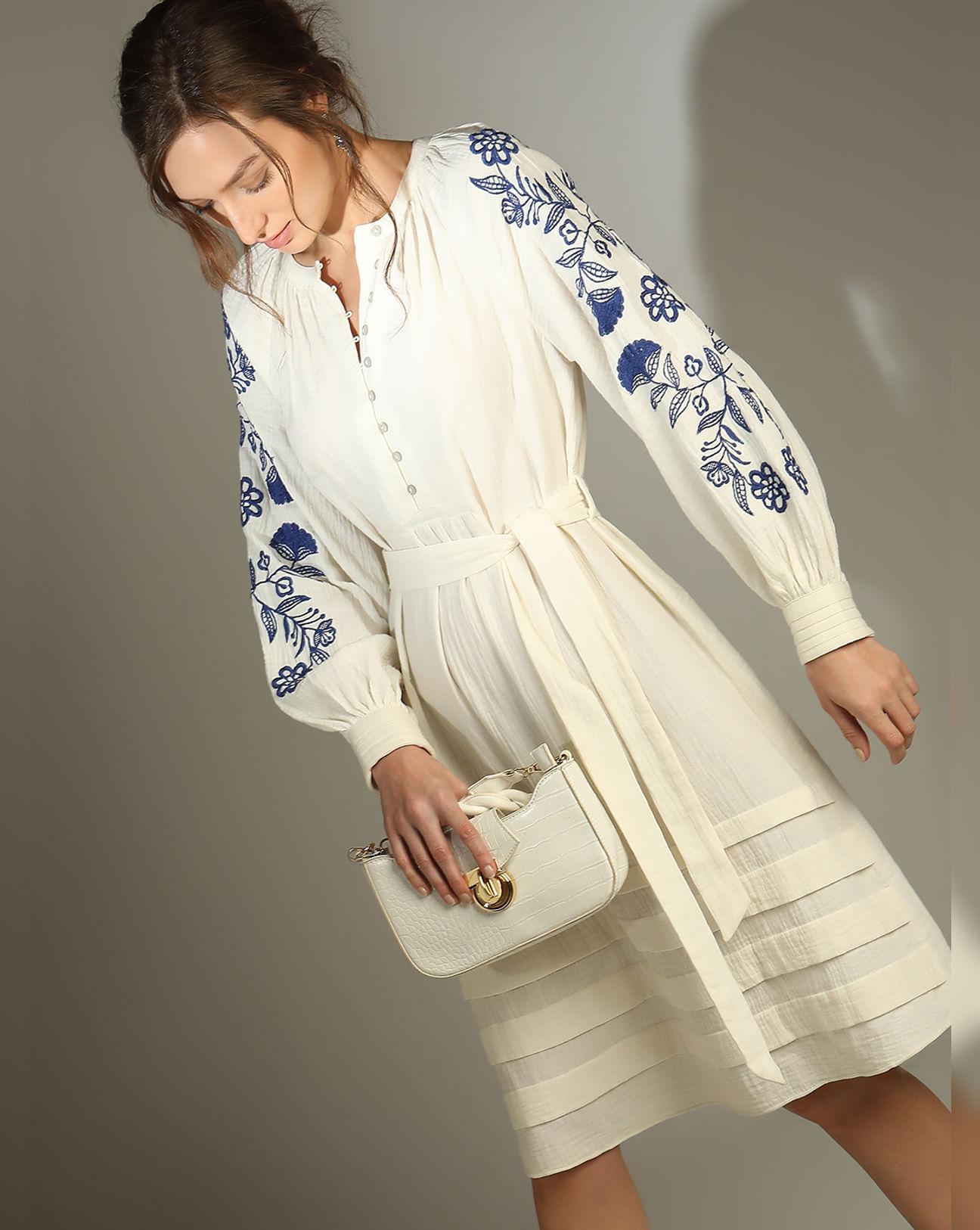 white contrast embroidery dress