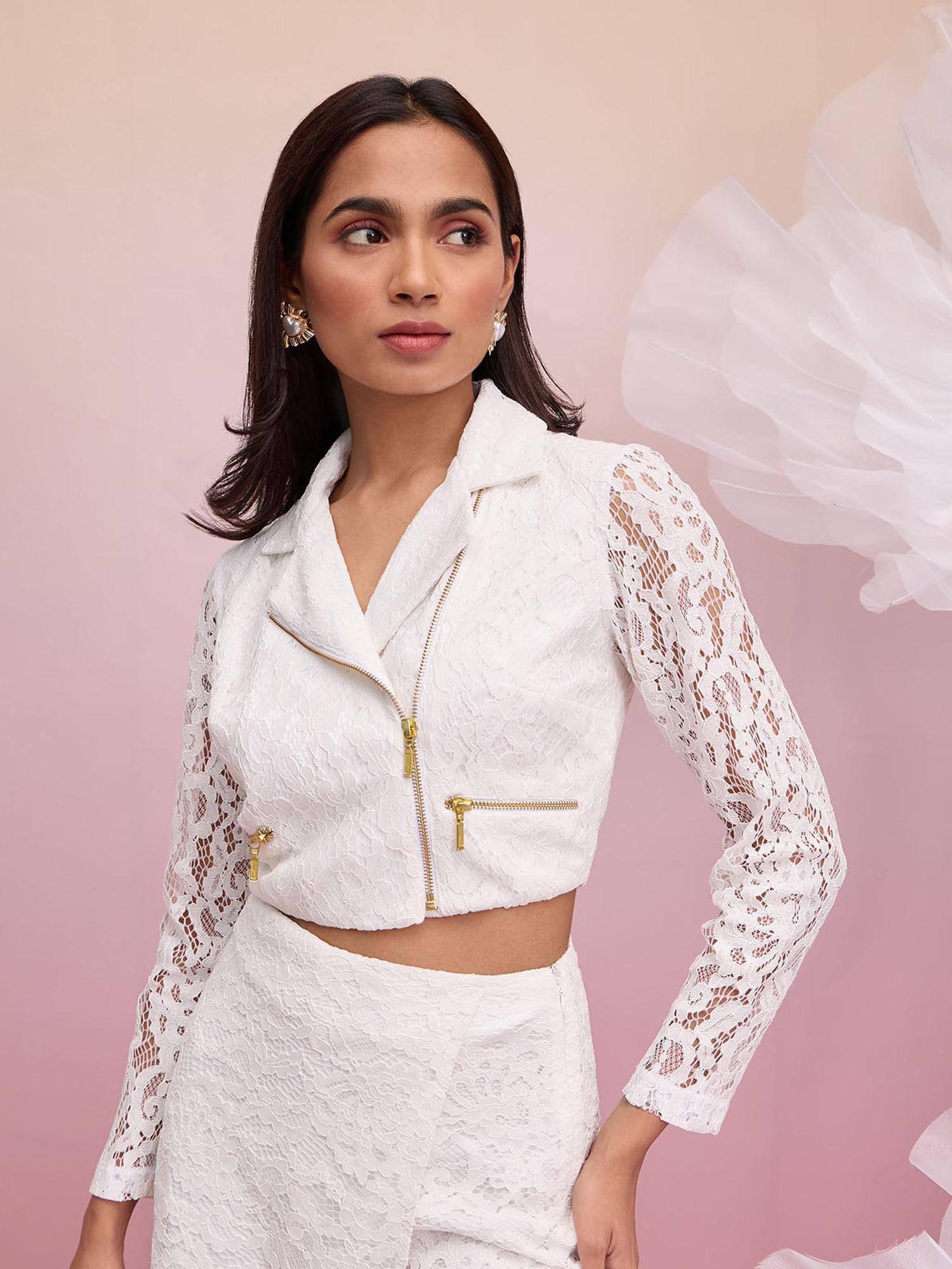 white cord lace full sleeves crop party biker jacket