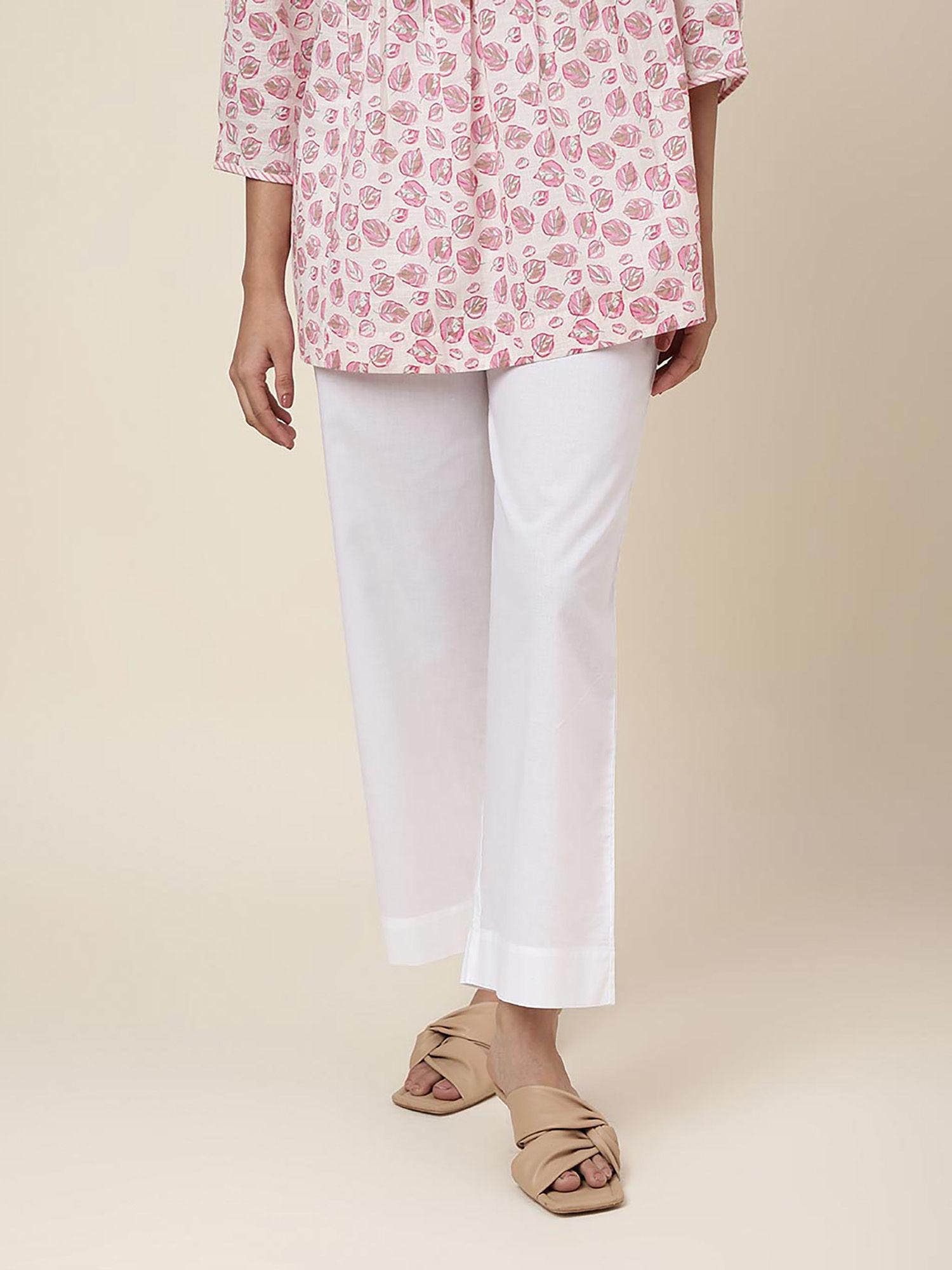 white cotton ankle length casual pant