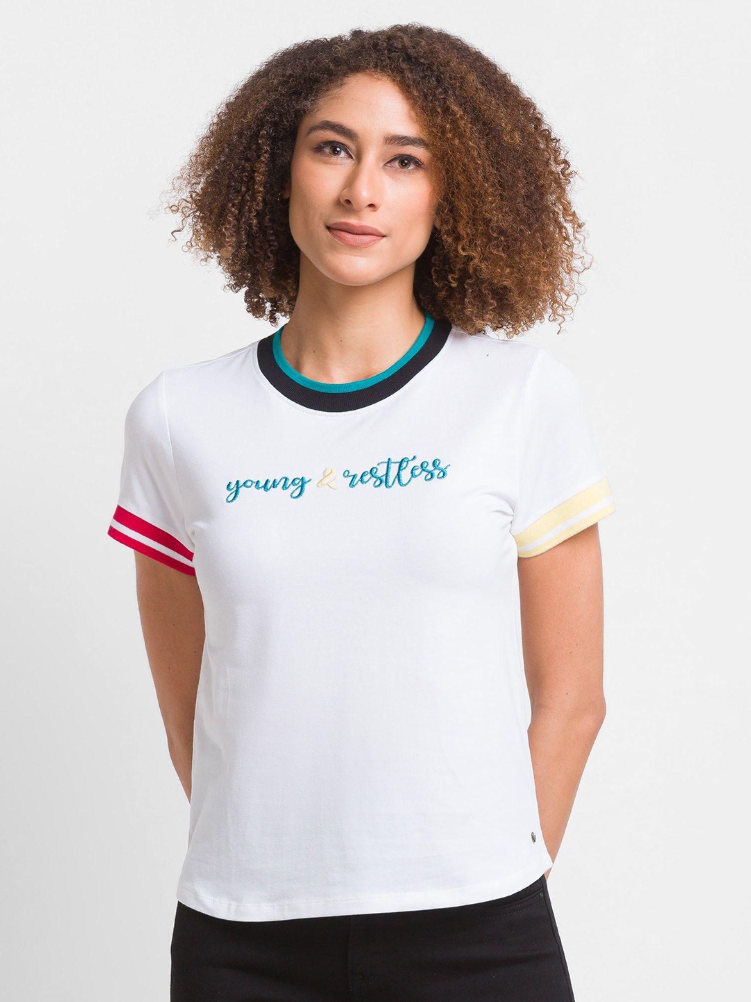 white cotton blend half sleeve casual t-shirt for women