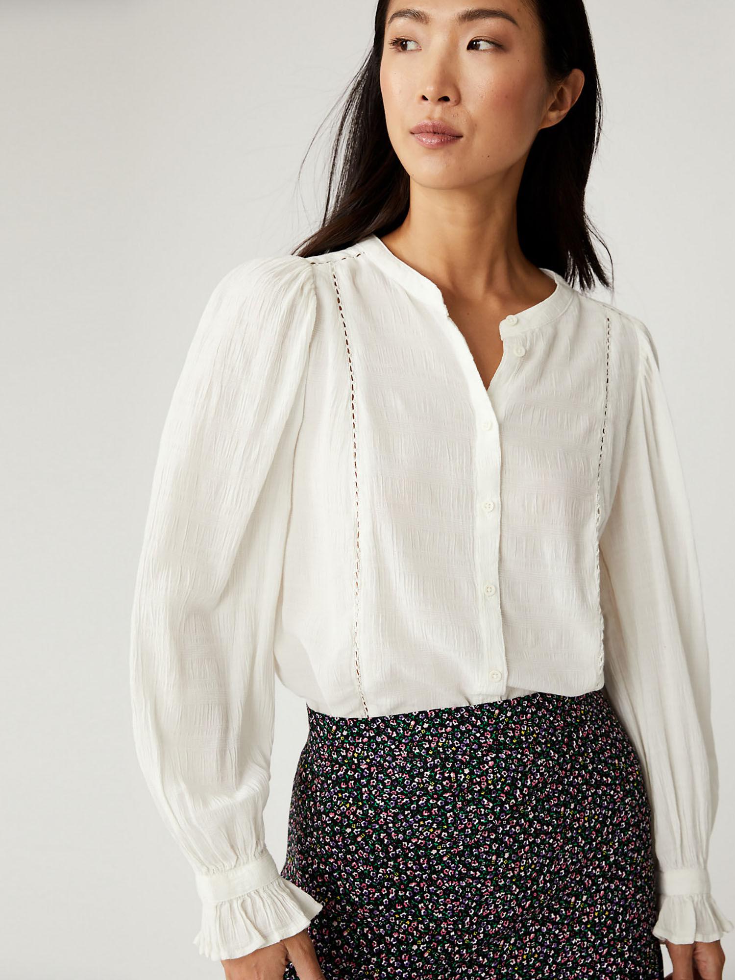 white cotton blend popover blouse