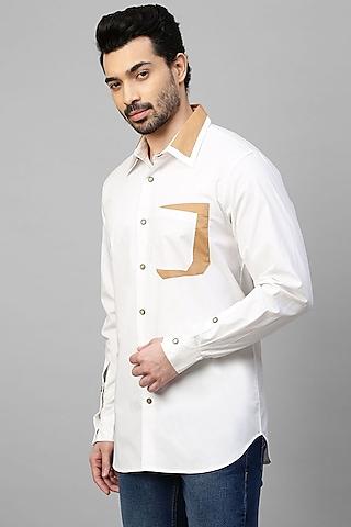 white cotton blend shirt with khaki patchwork