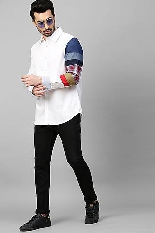 white cotton blend shirt with patchwork