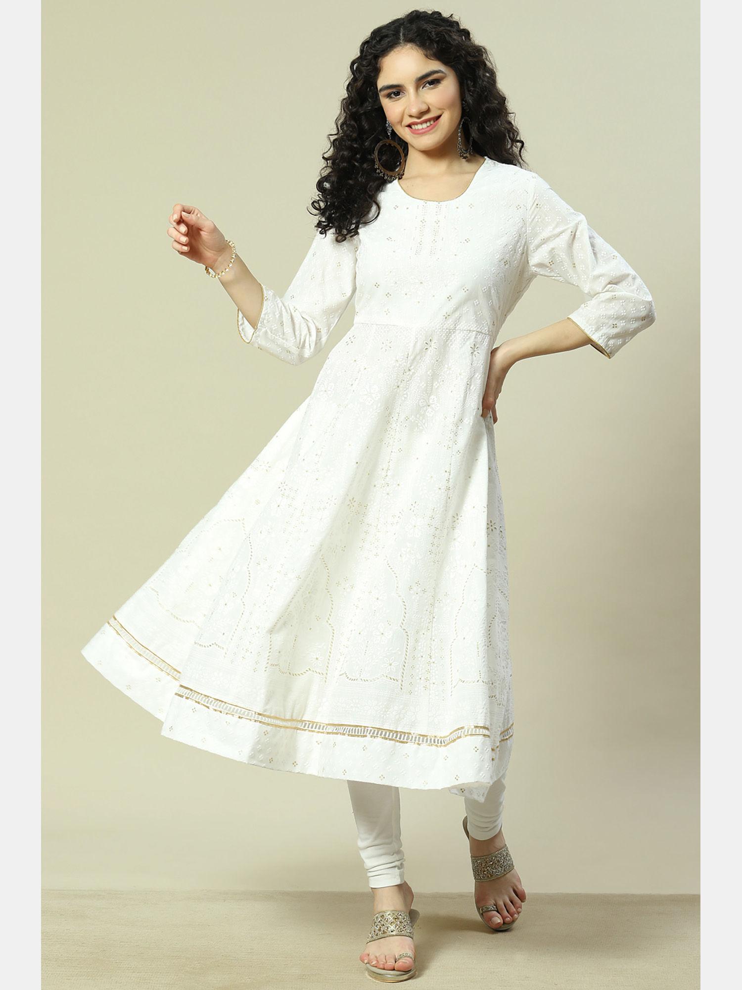 white cotton blend straight anarkali kurta