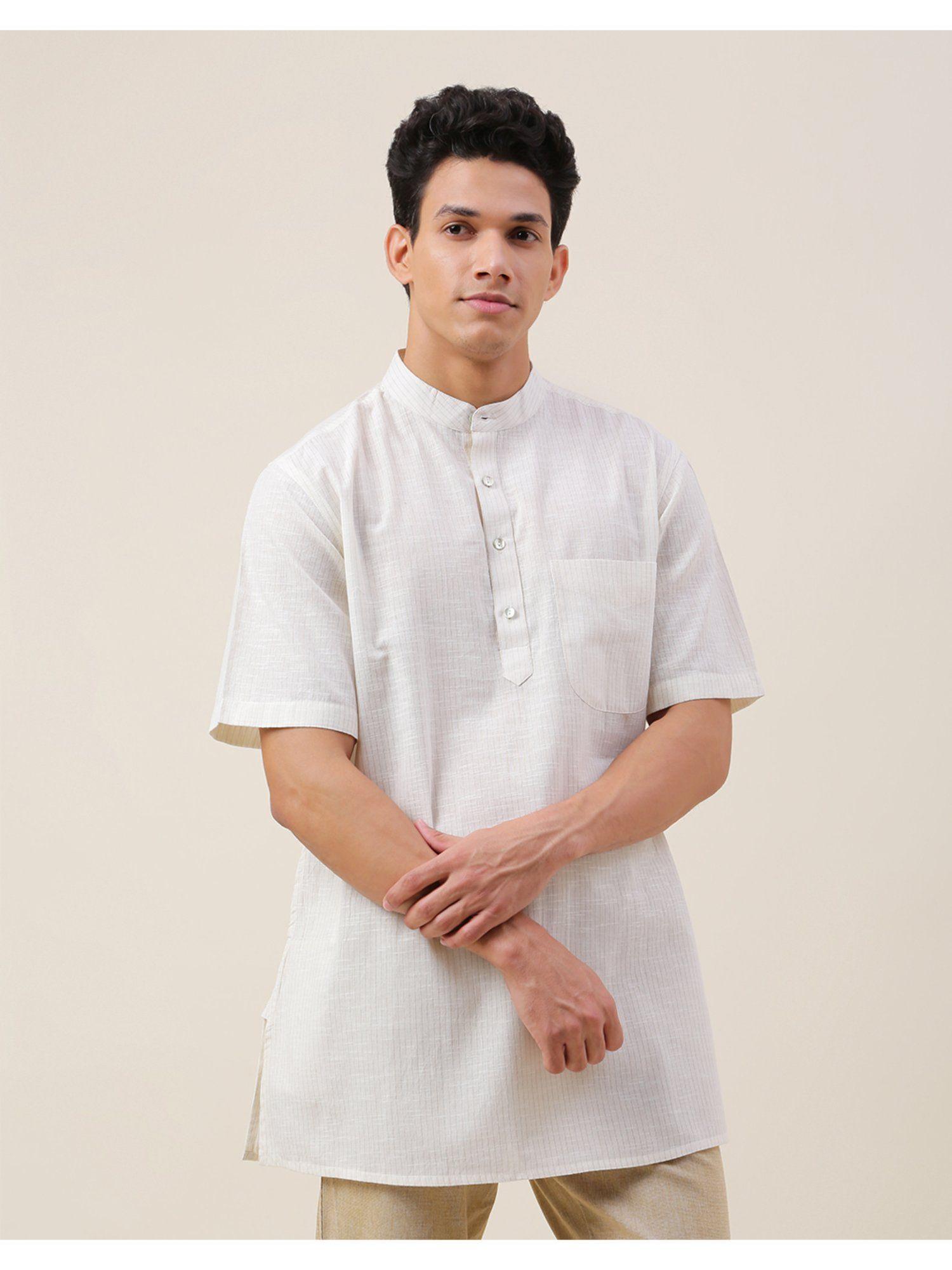 white cotton blend striped short kurta