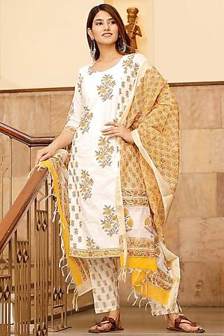 white cotton block printed kurta set