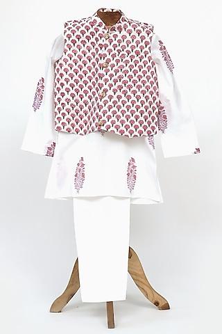 white cotton block printed nehru jacket set for boys