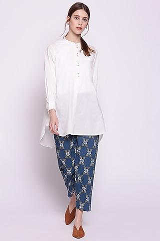 white cotton box-pleated short kurta set