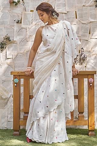 white cotton chanderi ruffled saree set