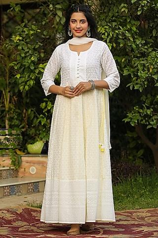 white cotton chikankari anarkali set