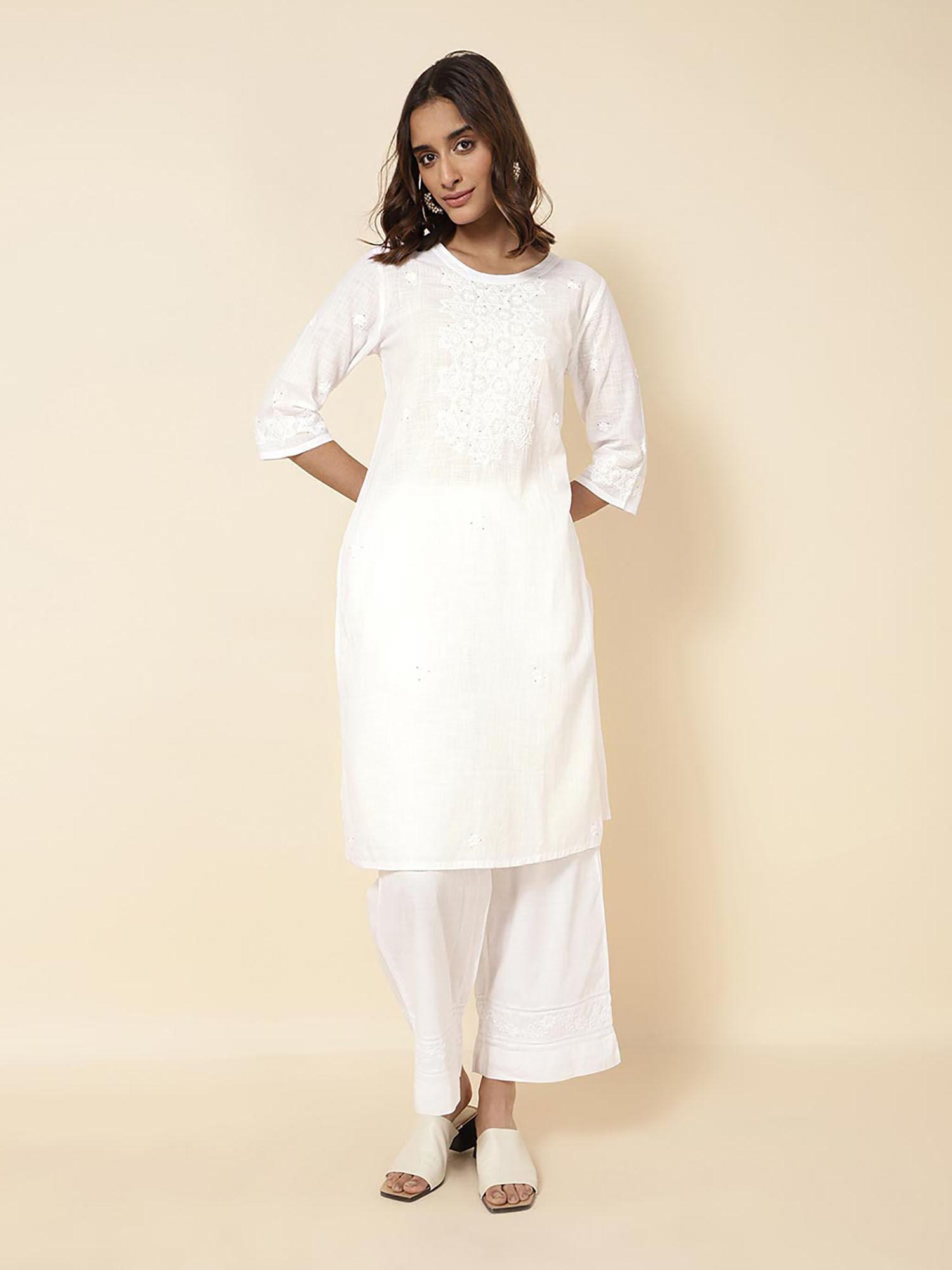 white cotton chikankari knee length kurta