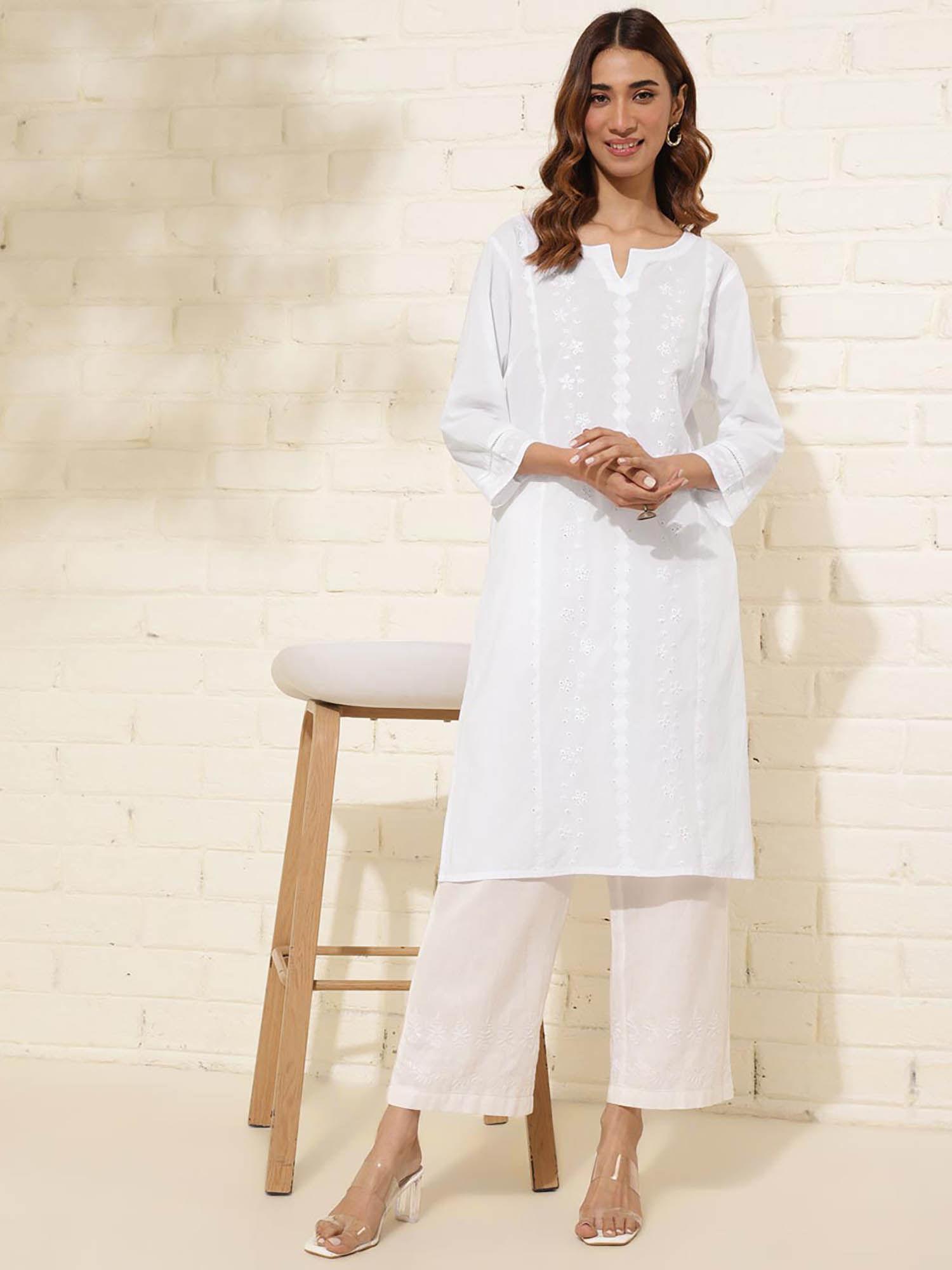 white cotton chikankari knee length kurta