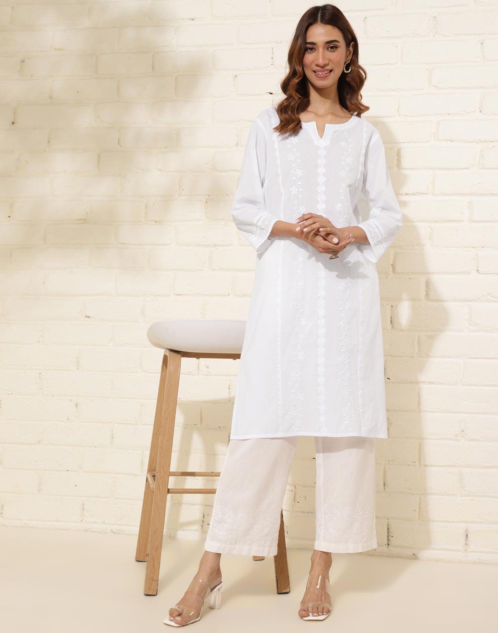 white cotton chikankari knee length kurta