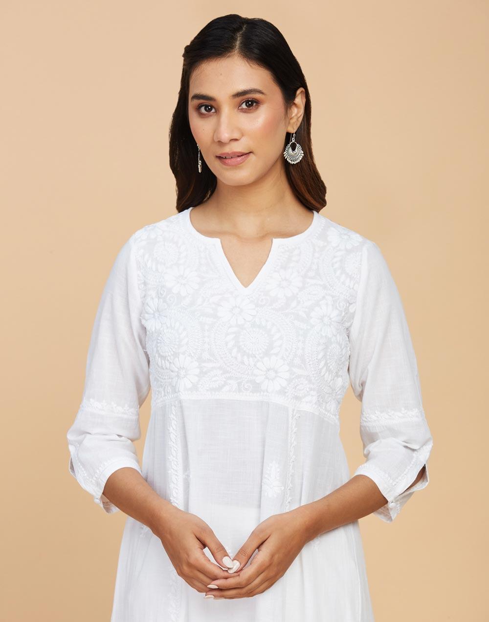 white cotton chikankari long kurta