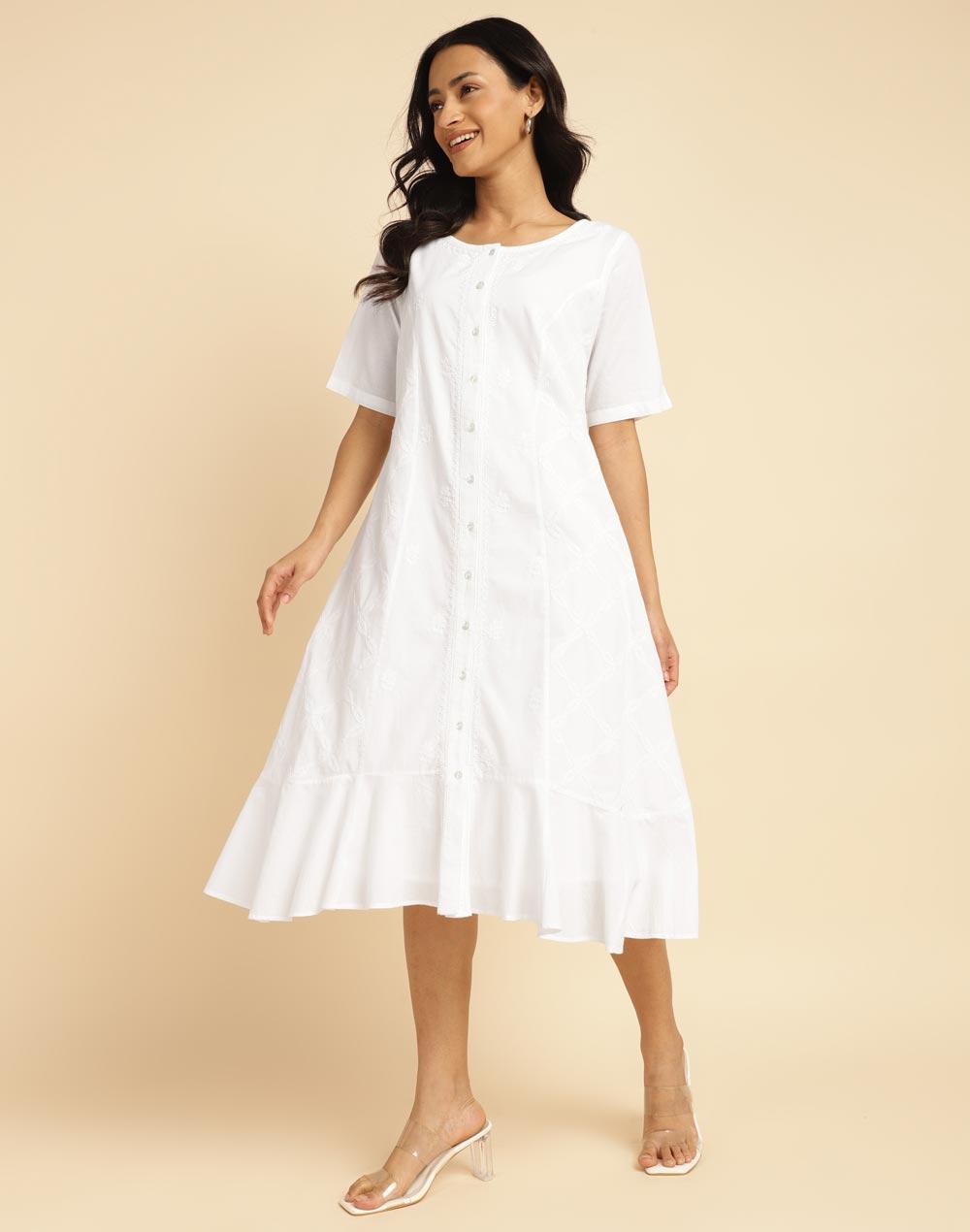 white cotton chikankari midi dress