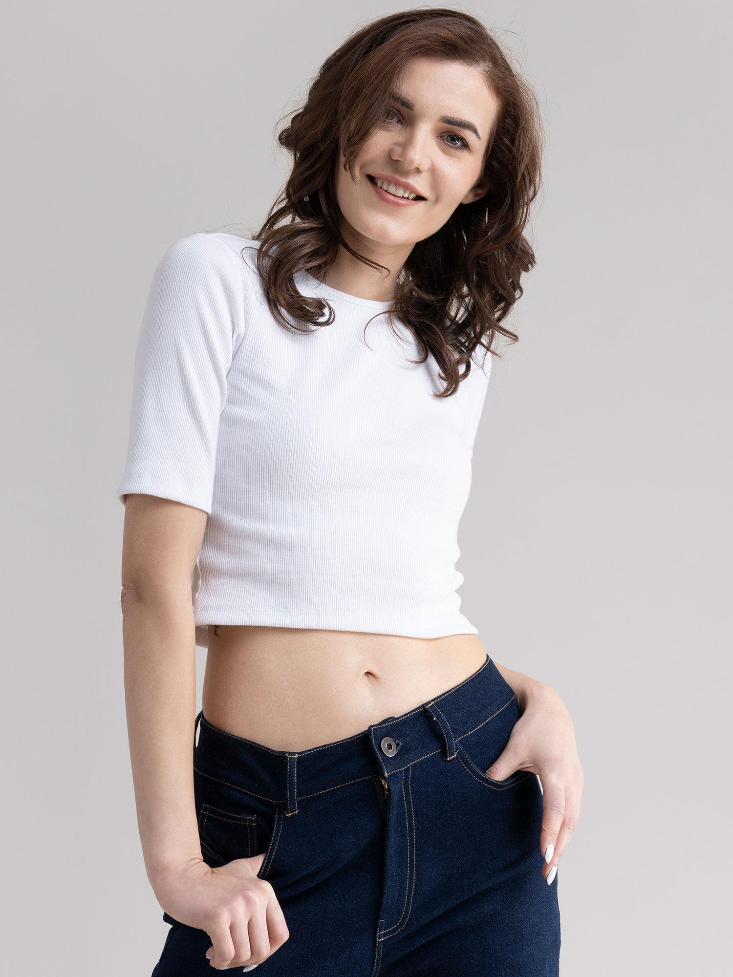 white cotton crew neck crop tee