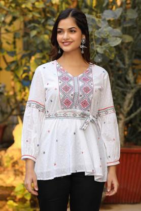 white cotton dobby peplum tunic with multi colored thread embroidery - white