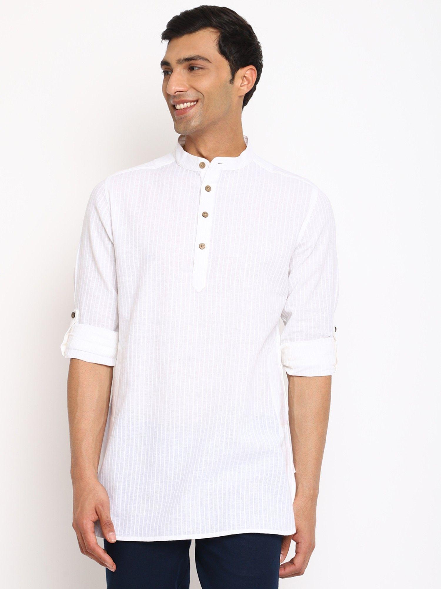 white cotton dobby slim fit short kurta