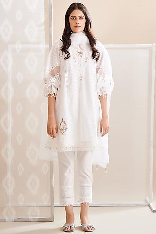 white cotton embroidered a-line kurta set