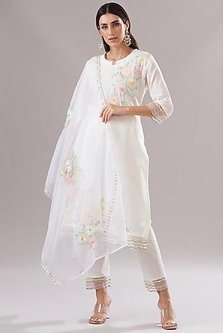 white cotton embroidered kurta set