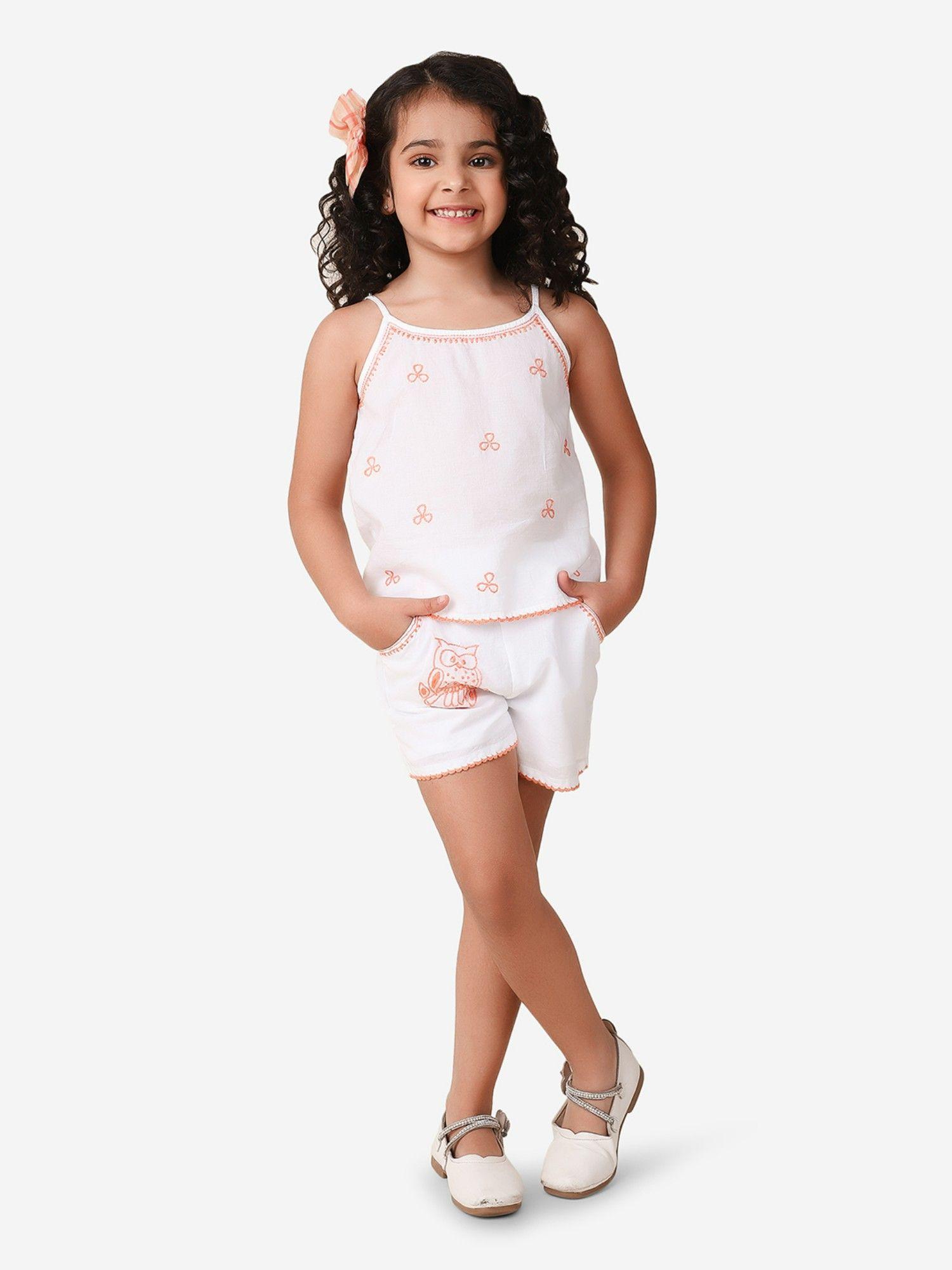 white cotton embroidered shorts (set of 2)