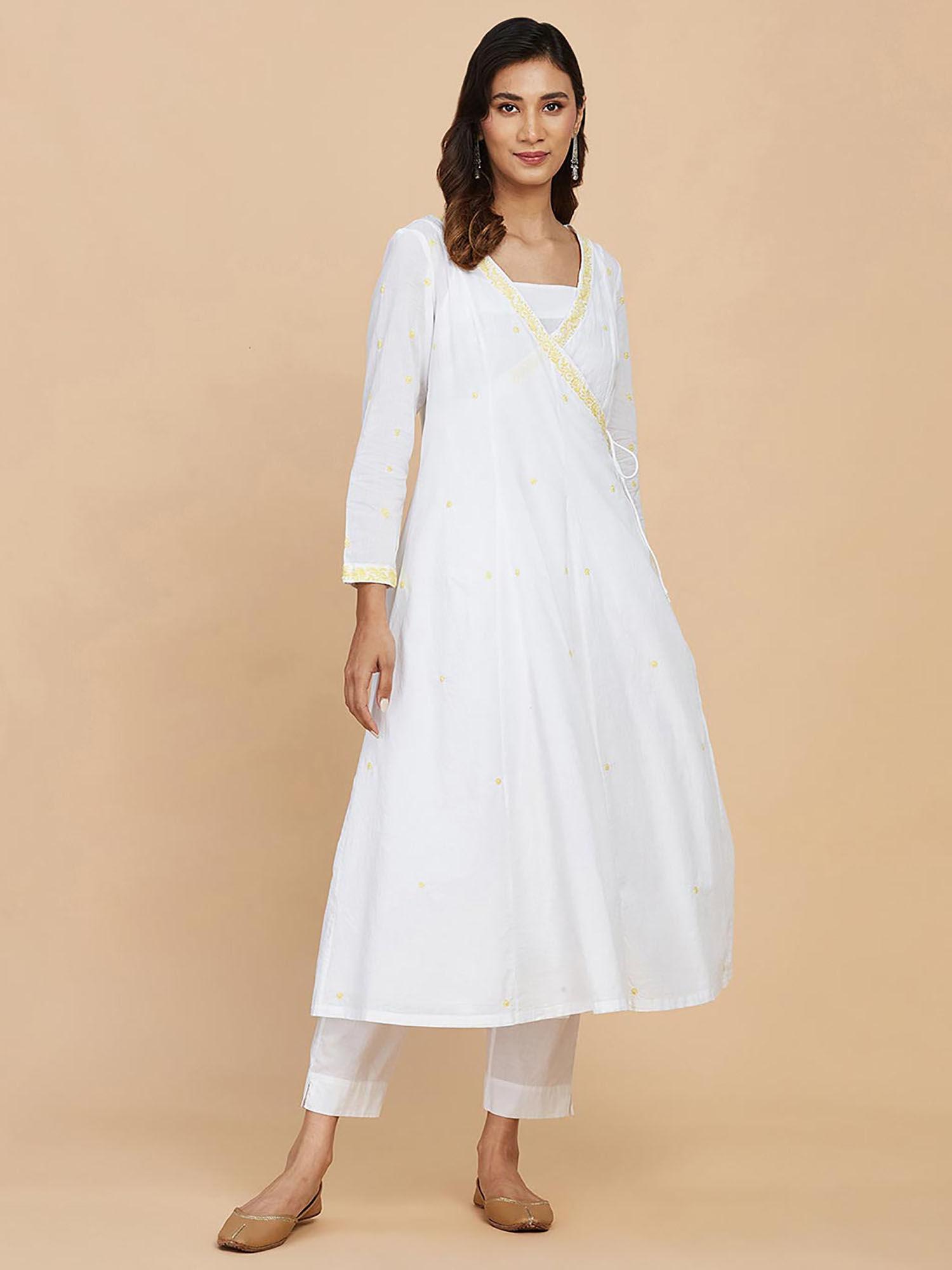 white cotton embroidered slim fit long kurta
