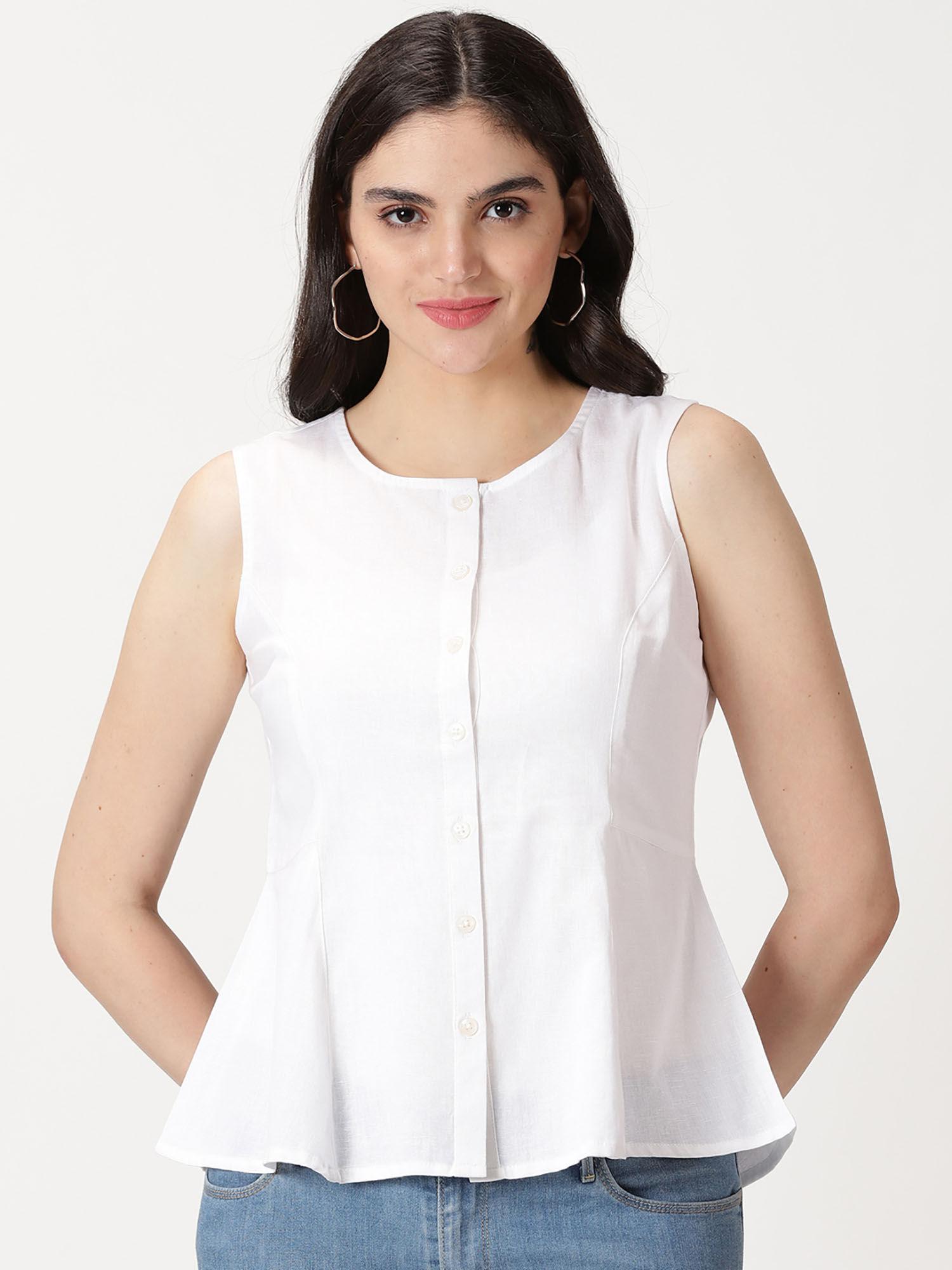 white cotton flax button down a line top