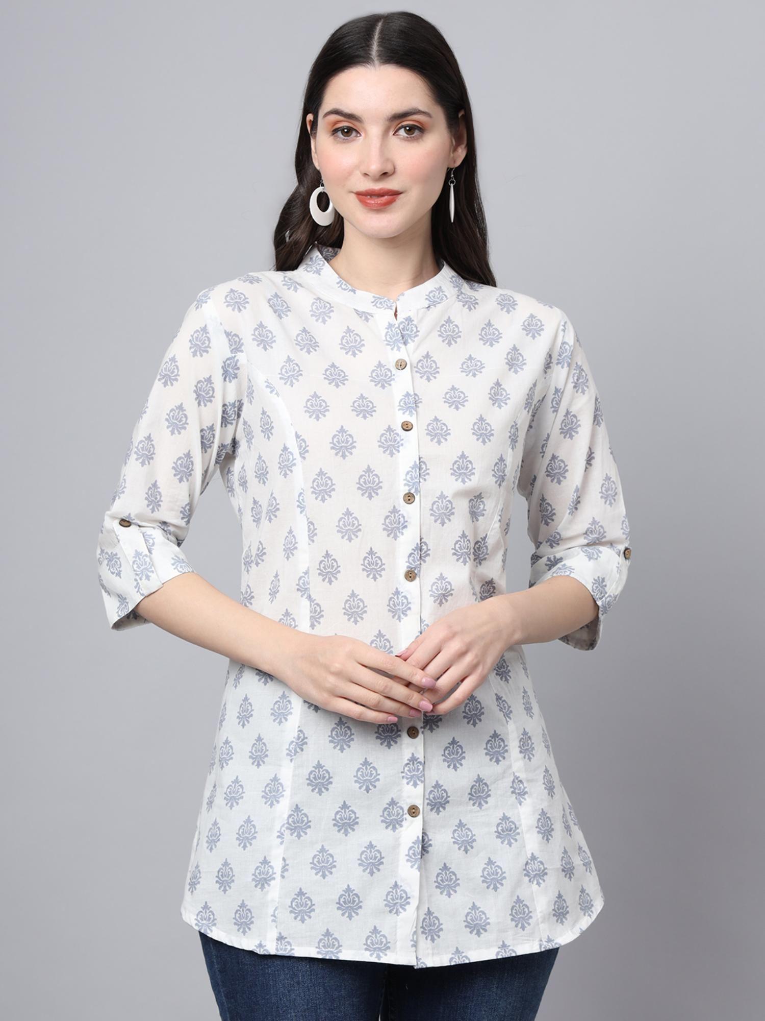 white cotton floral print shirt style top