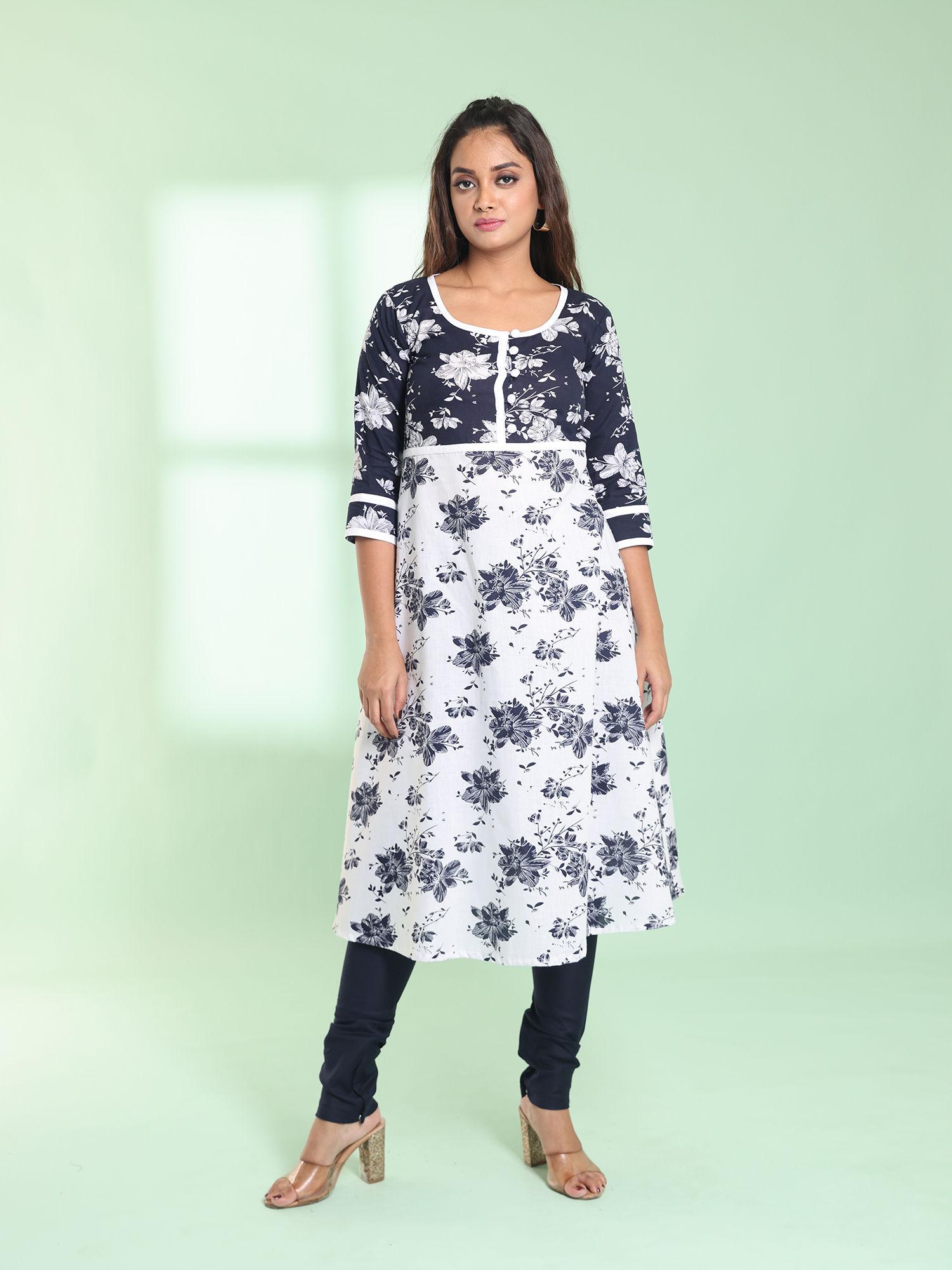 white cotton floral printed fit & flare kurta