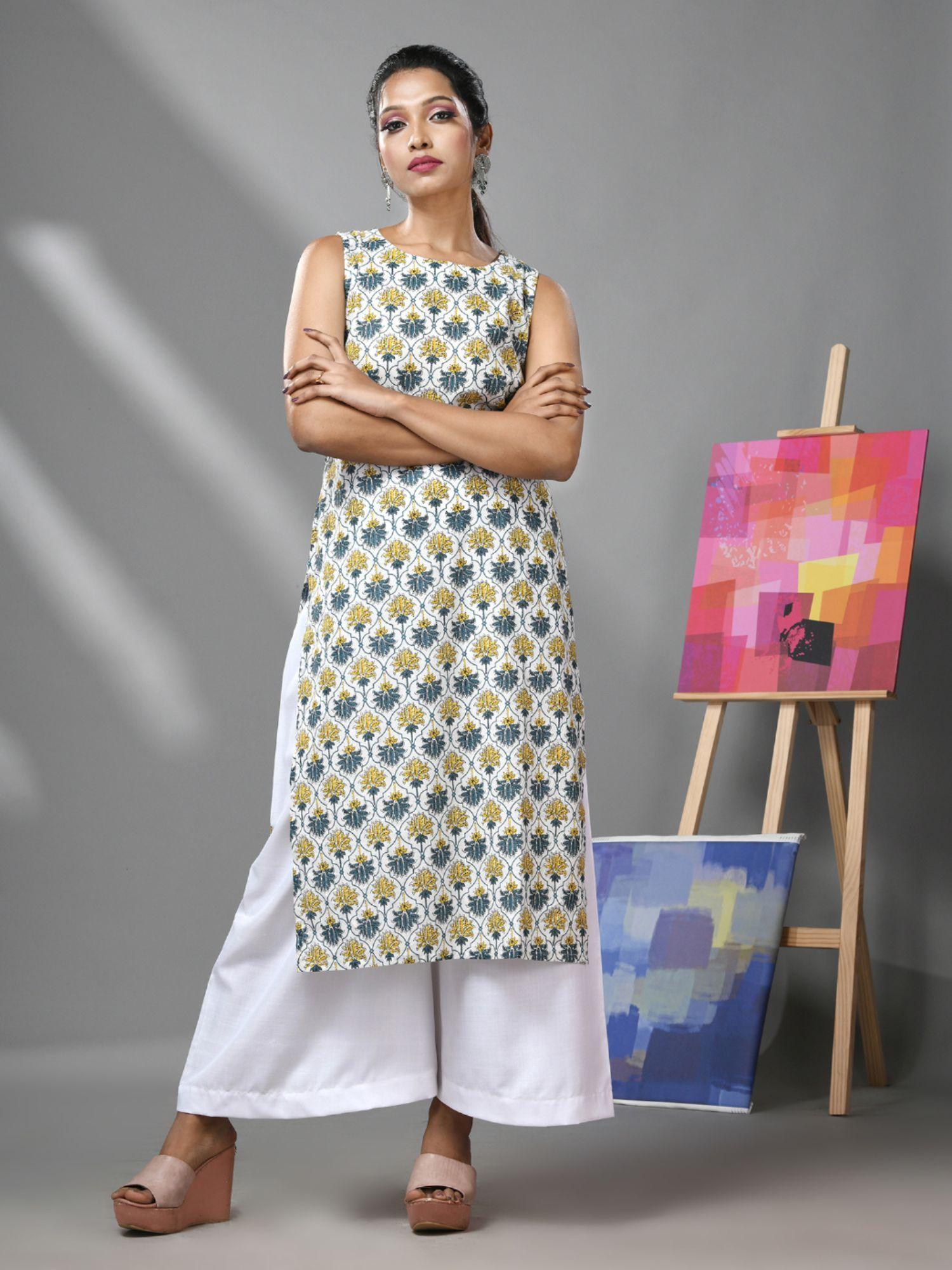 white cotton floral printed sleeveless kurta