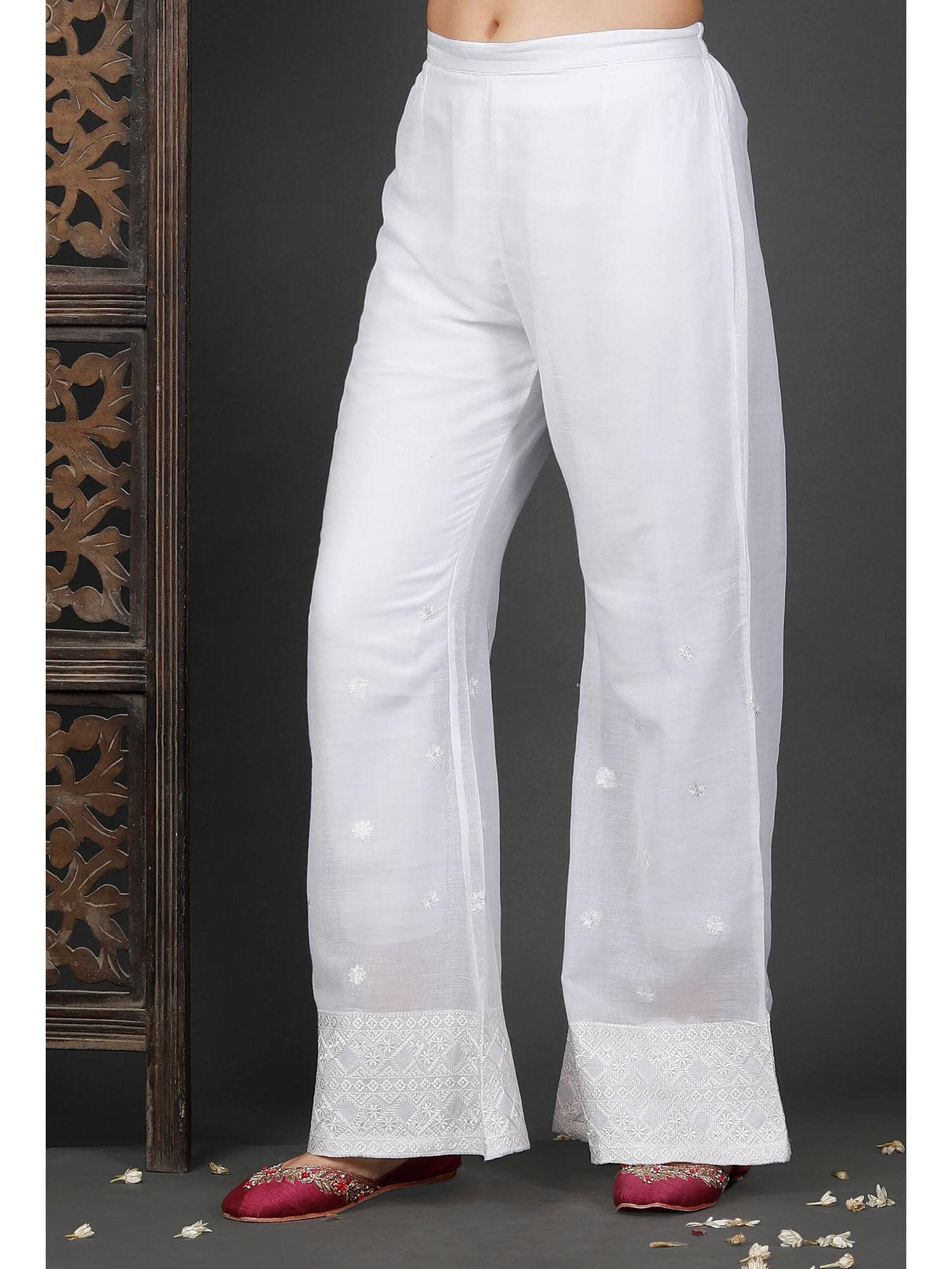 white cotton flower embroidered palazzos