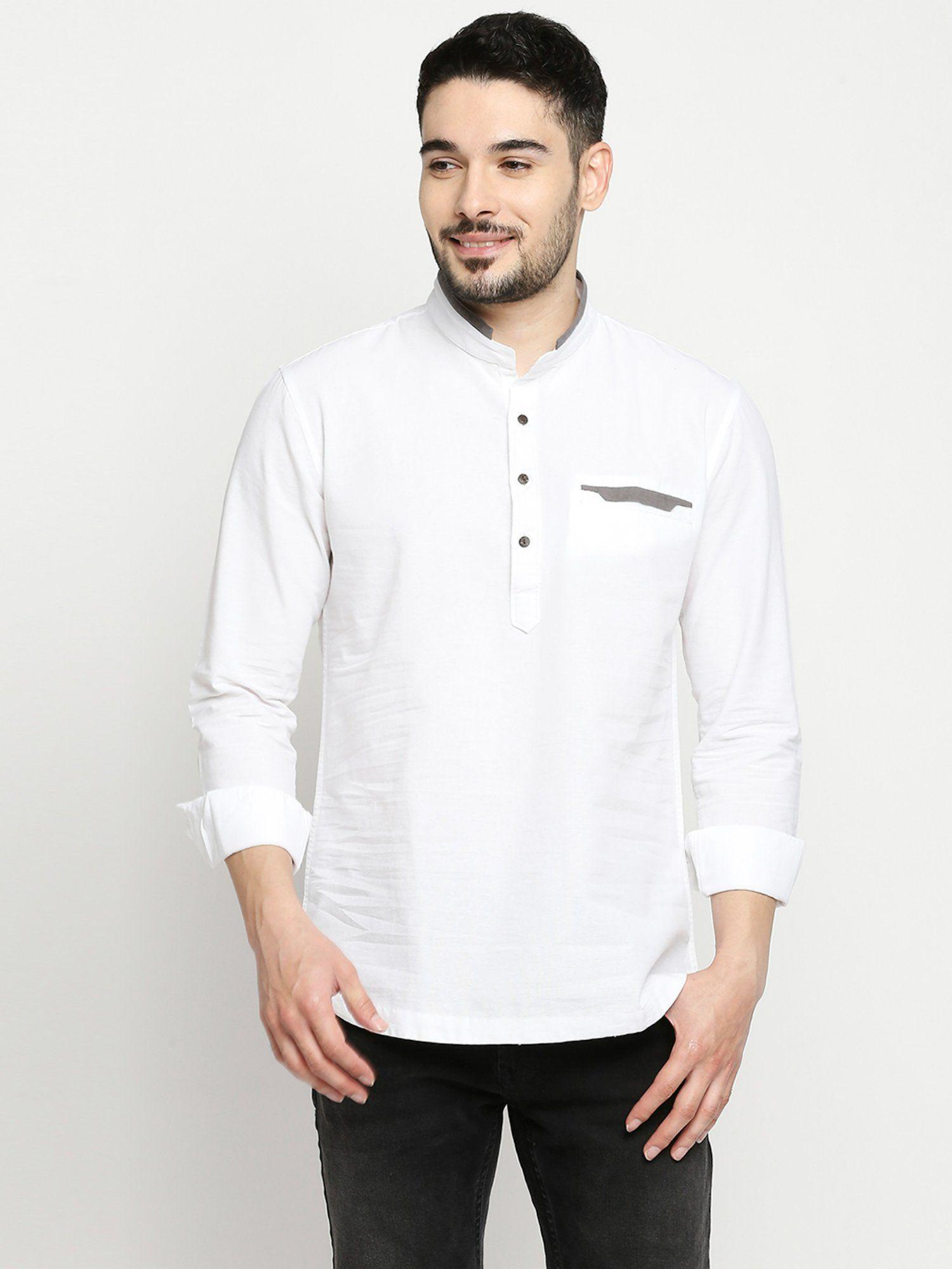 white cotton full sleeve plain kurta for men