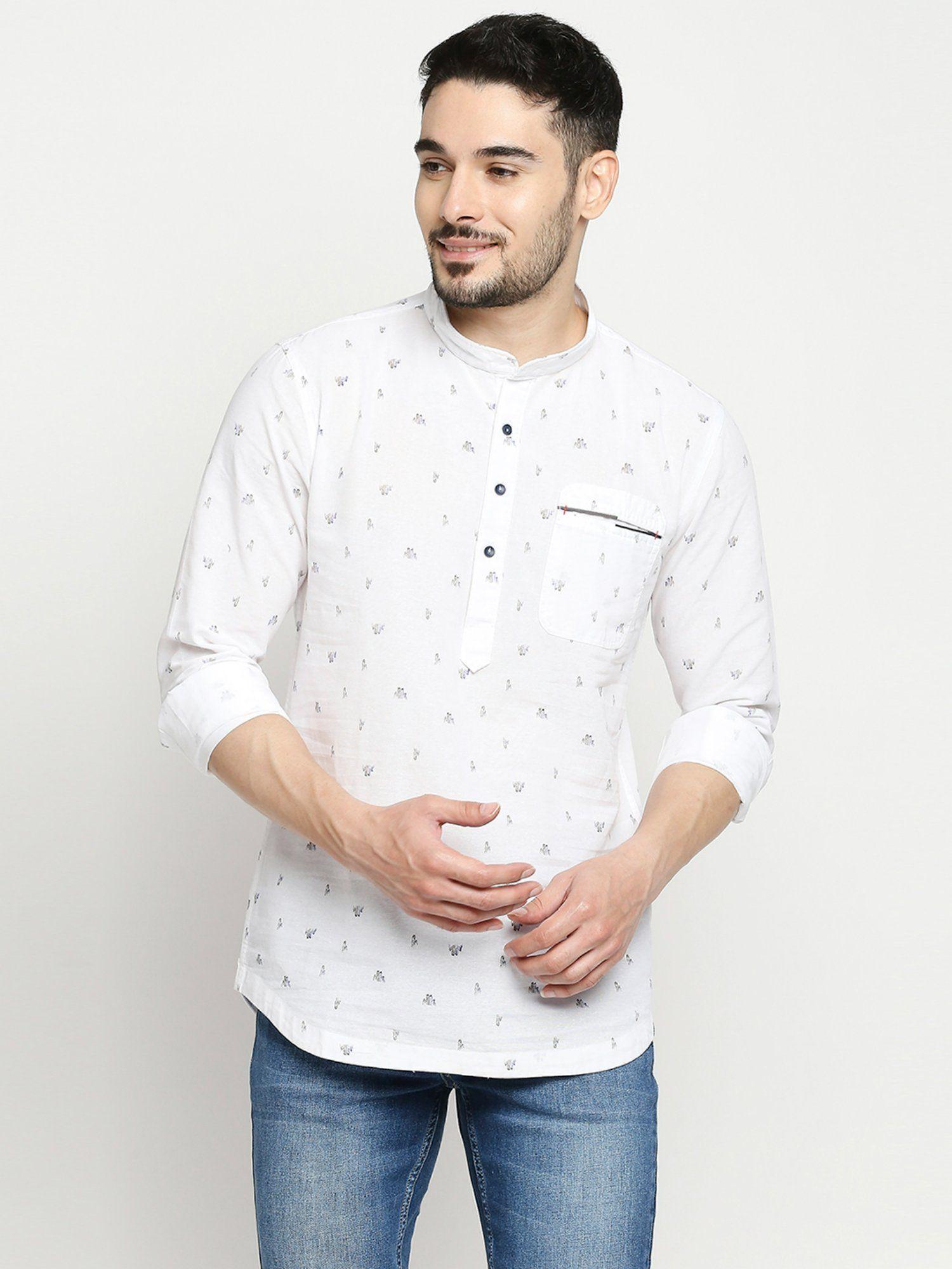 white cotton full sleeve printed kurta for men