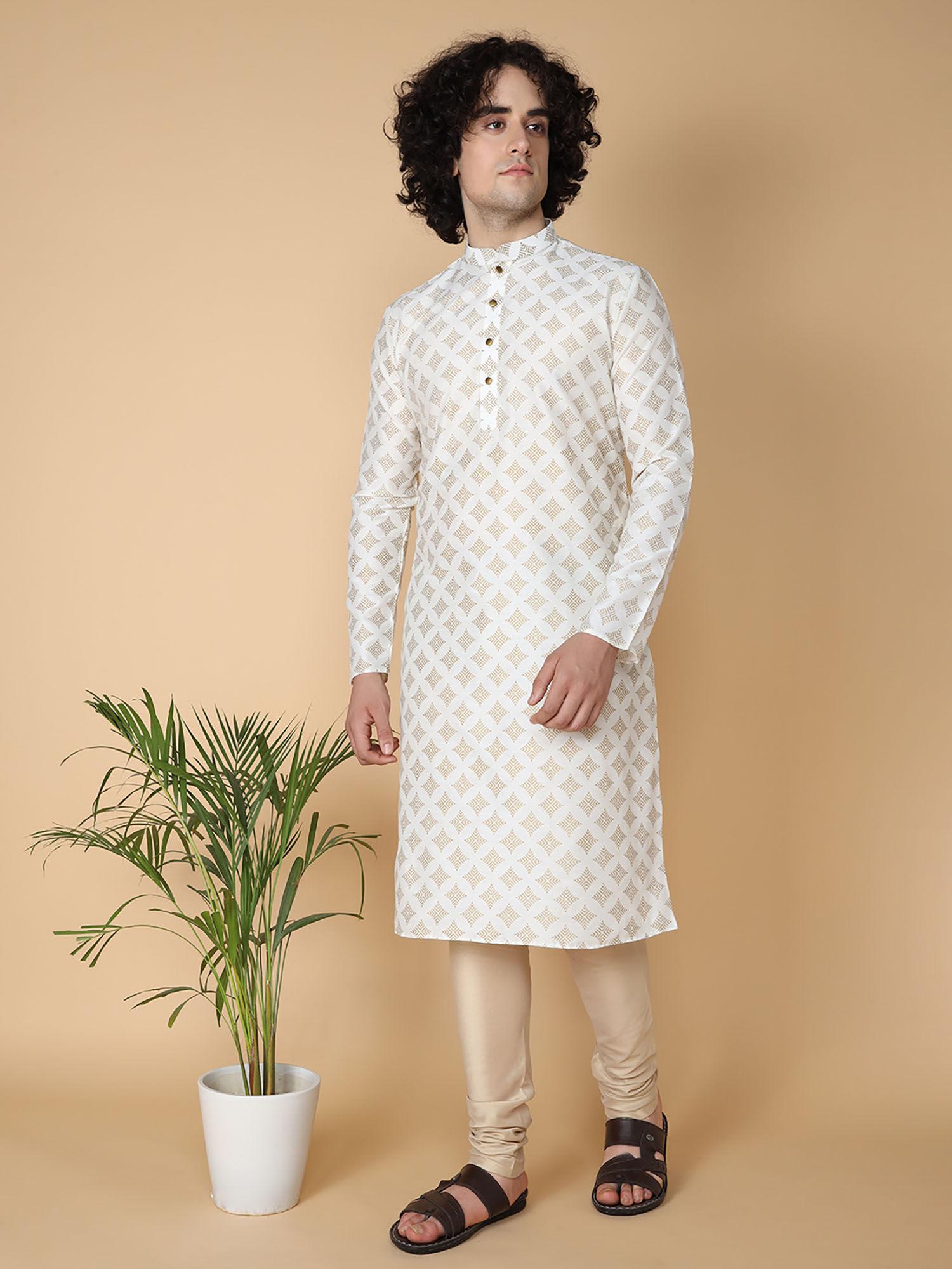 white cotton full sleeve regular fit printed kurta for men