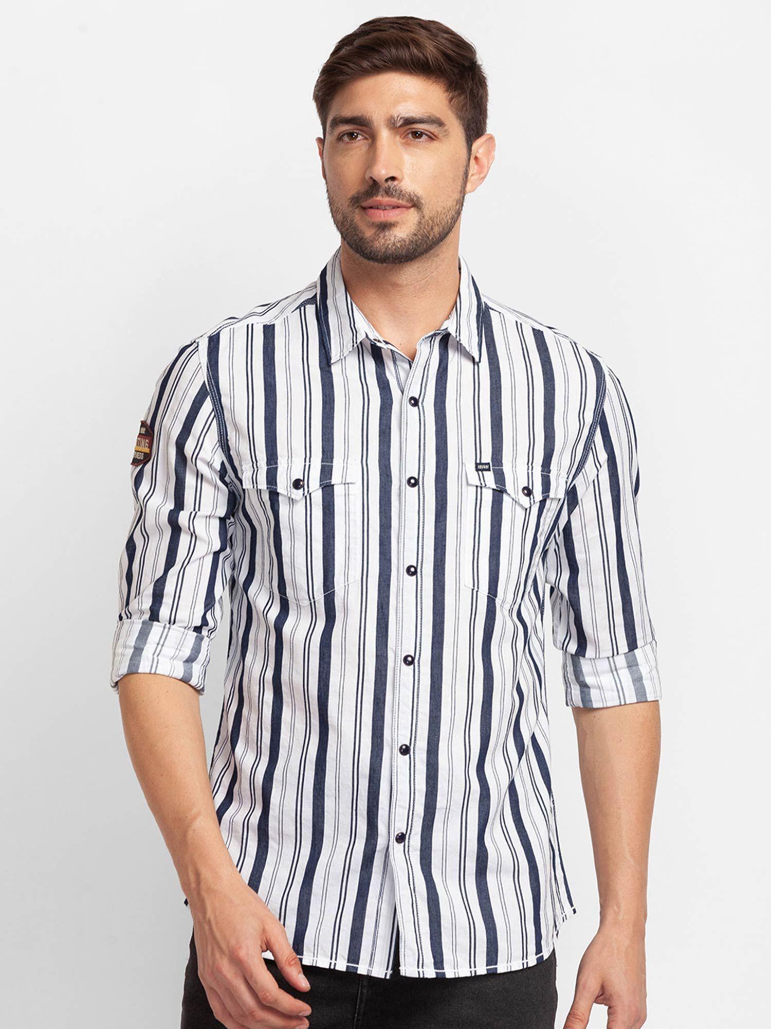 white cotton full sleeve stripes shirt for men