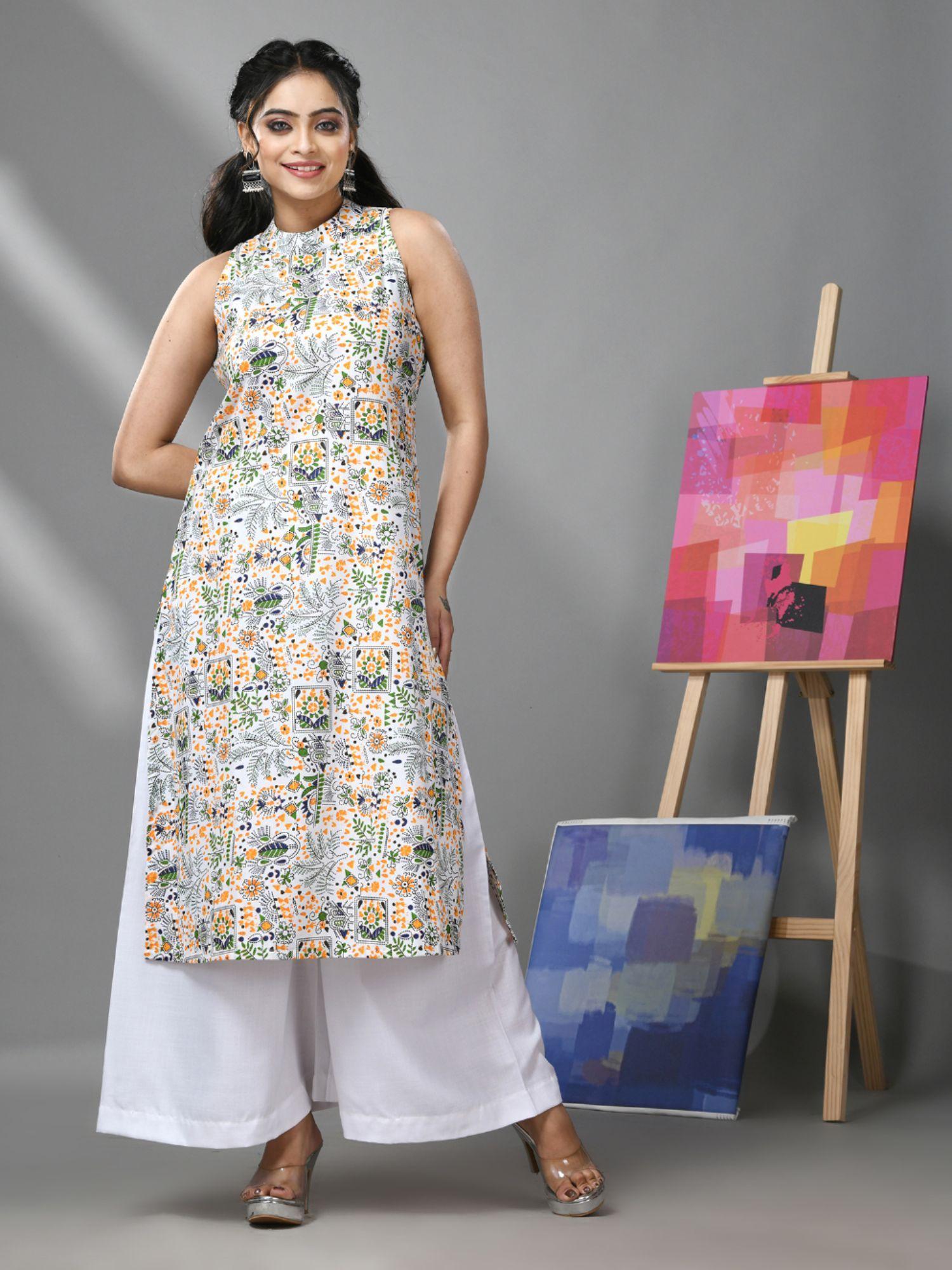 white cotton halter neck tribal printed kurta