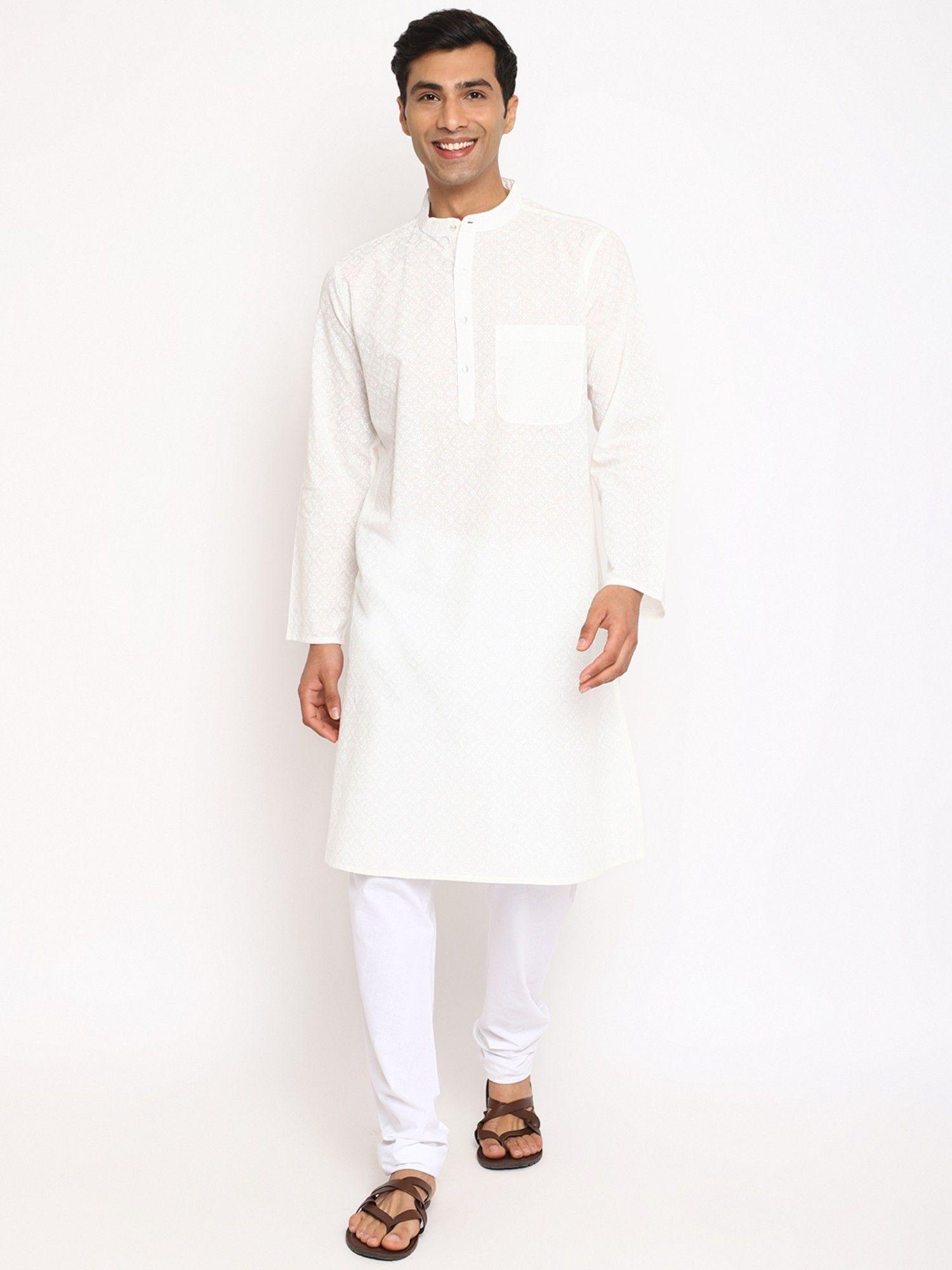 white cotton hand block printed long kurta