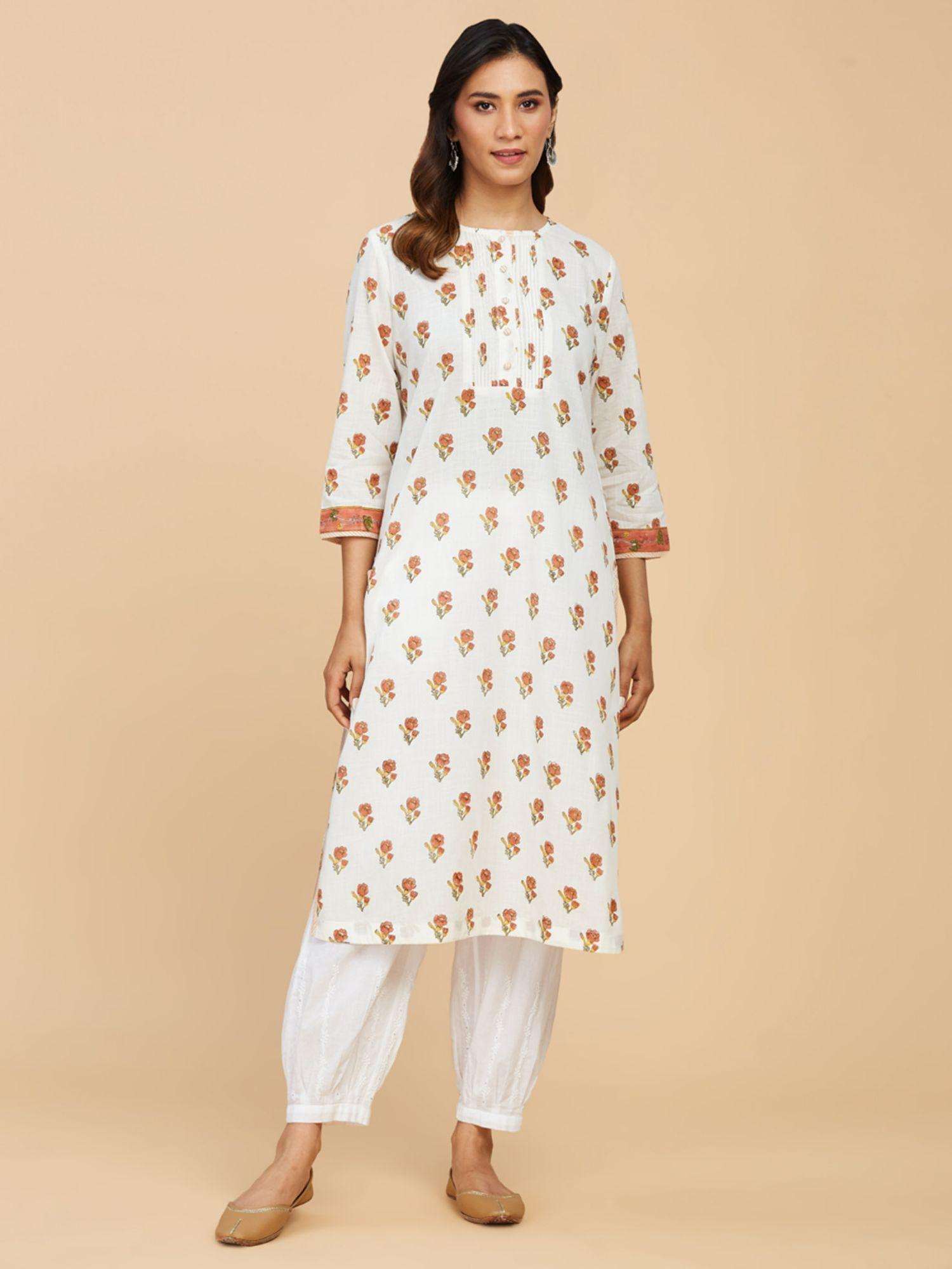 white cotton hand block printed long kurta