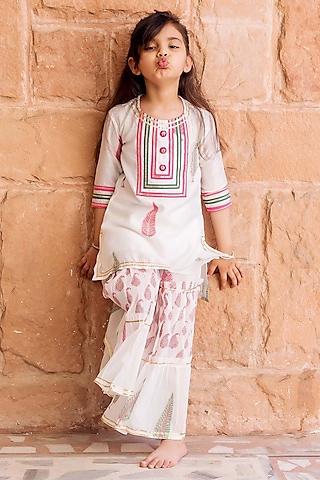 white cotton hand block printed sharara set for girls