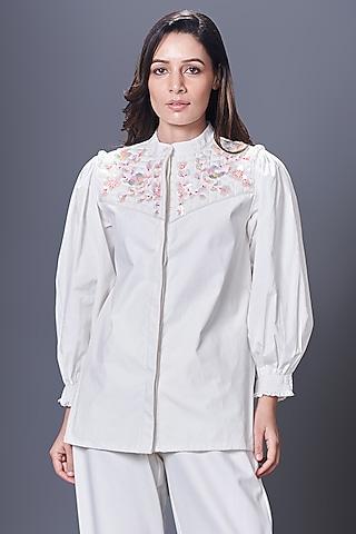 white cotton hand embroidered jacket style top