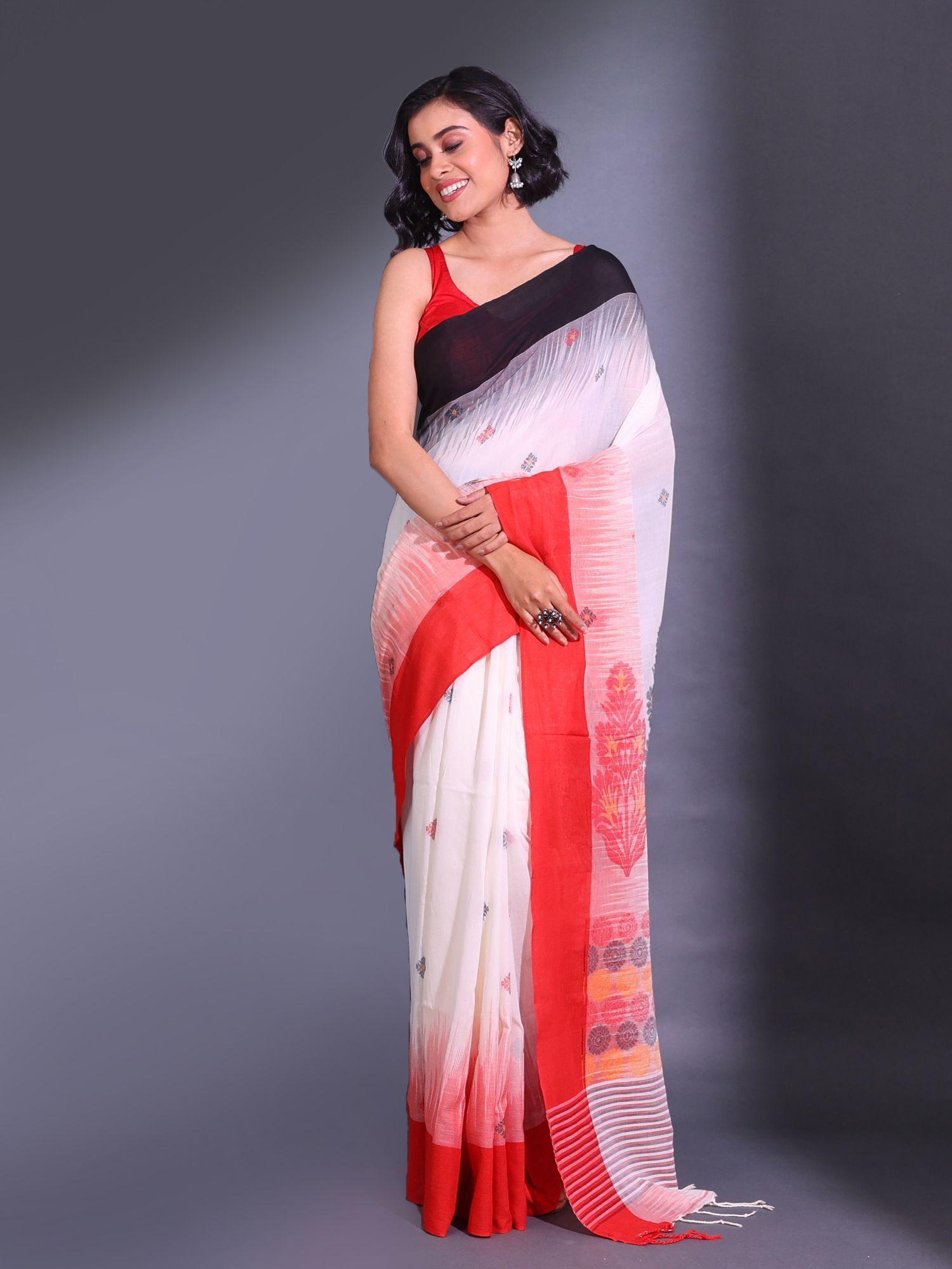 white cotton handwoven nakshi motifs floral design saree with unstitched blouse