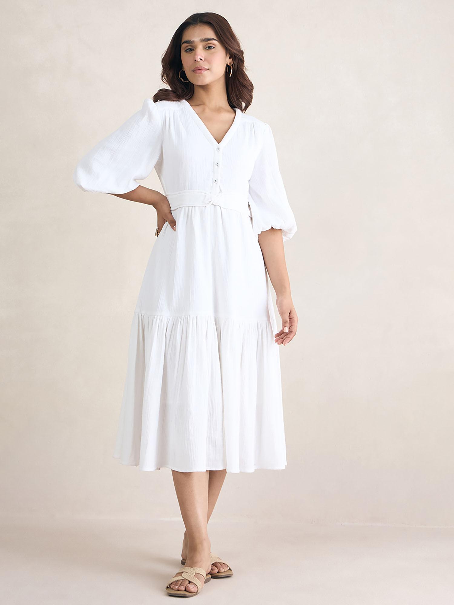 white cotton knot detail midi dress