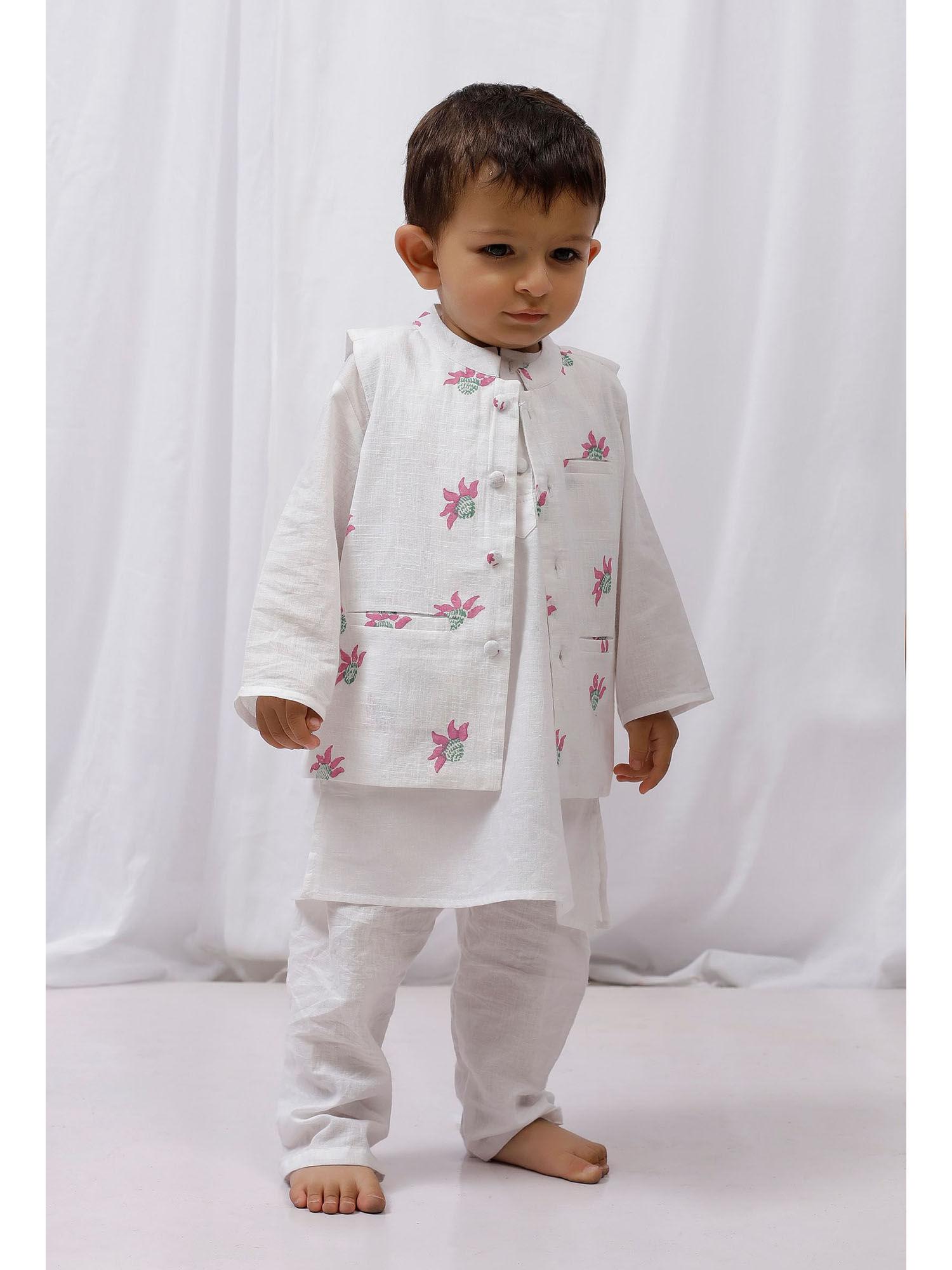 white cotton kurta and pyjama with pink and green striped nehru jacket (set of 3)