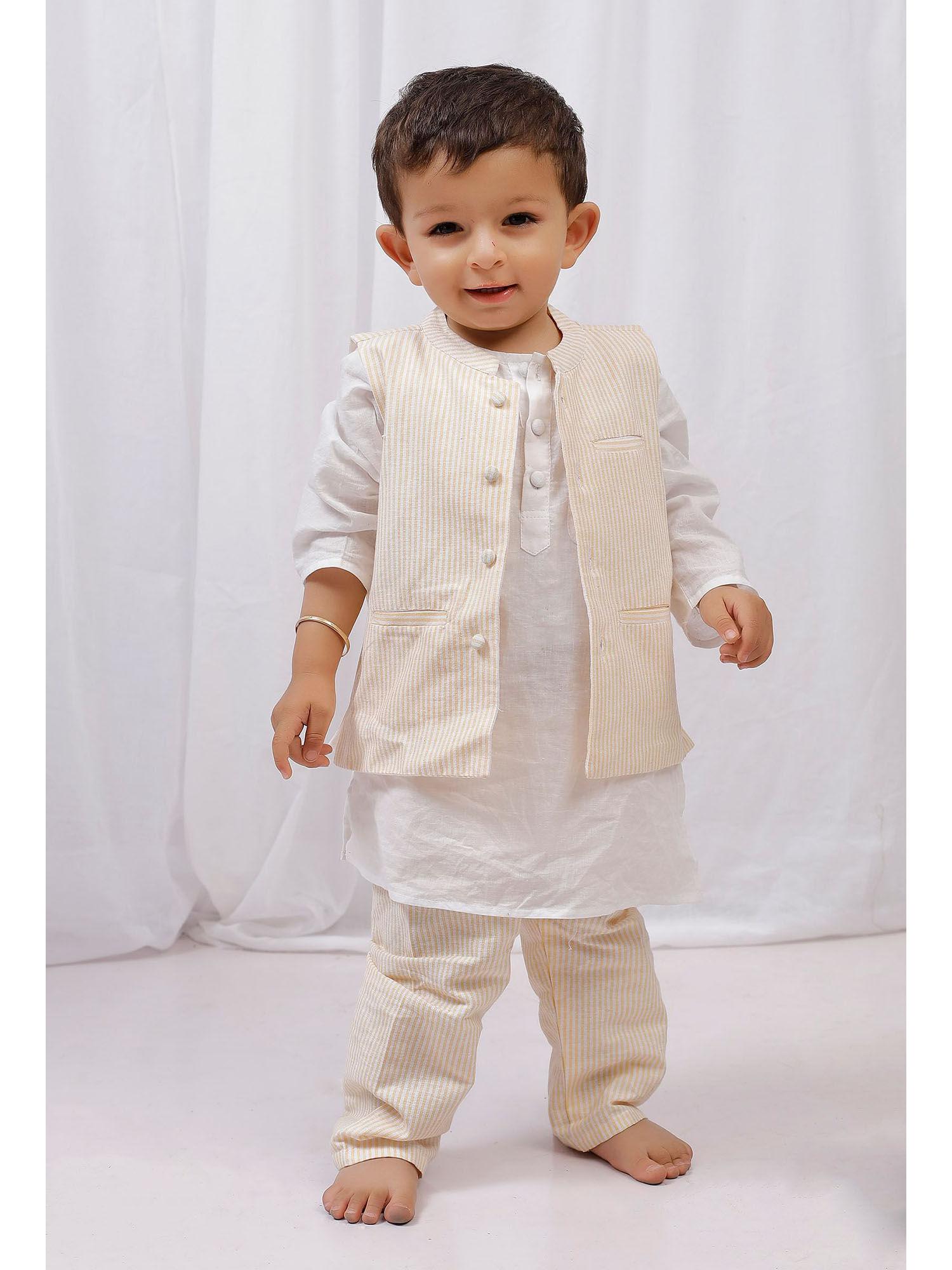 white cotton kurta and pyjama with yellow striped nehru jacket (set of 3)