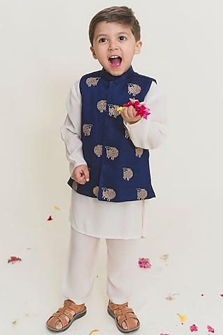 white cotton kurta set with bundi jacket for boys