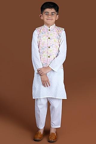 white cotton kurta set with printed nehru jacket for boys